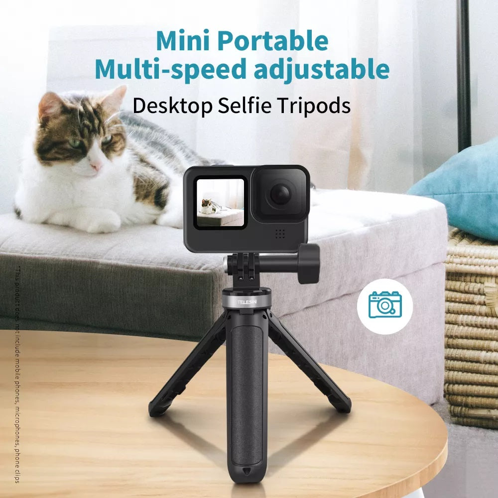 TELESIN Mini Desktop Selfie Stick Tripod for Action Camera, Compact Size Extendable Portable Length Adjustable GoPro DJI Action 2 Osmo Action Insta360 Sports Camera Tripod Stand