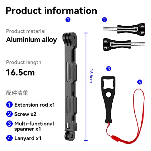 TELESIN Aluminum Extension Rod for Selfie Stick, 16.5cm Metal Pole Mount Extension Arm for Helmet and Action Camera