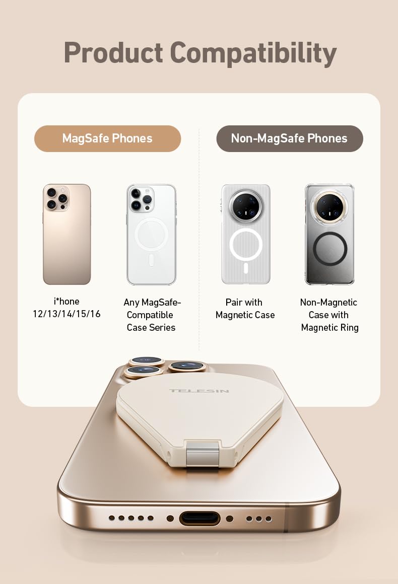 TELESIN Magnetic Phone Stand Compatible with MagSafe | 300° Rotatable Aluminum Pocket Phone Holder, 4-in-1 Portable Foldable Handle Phone Mount