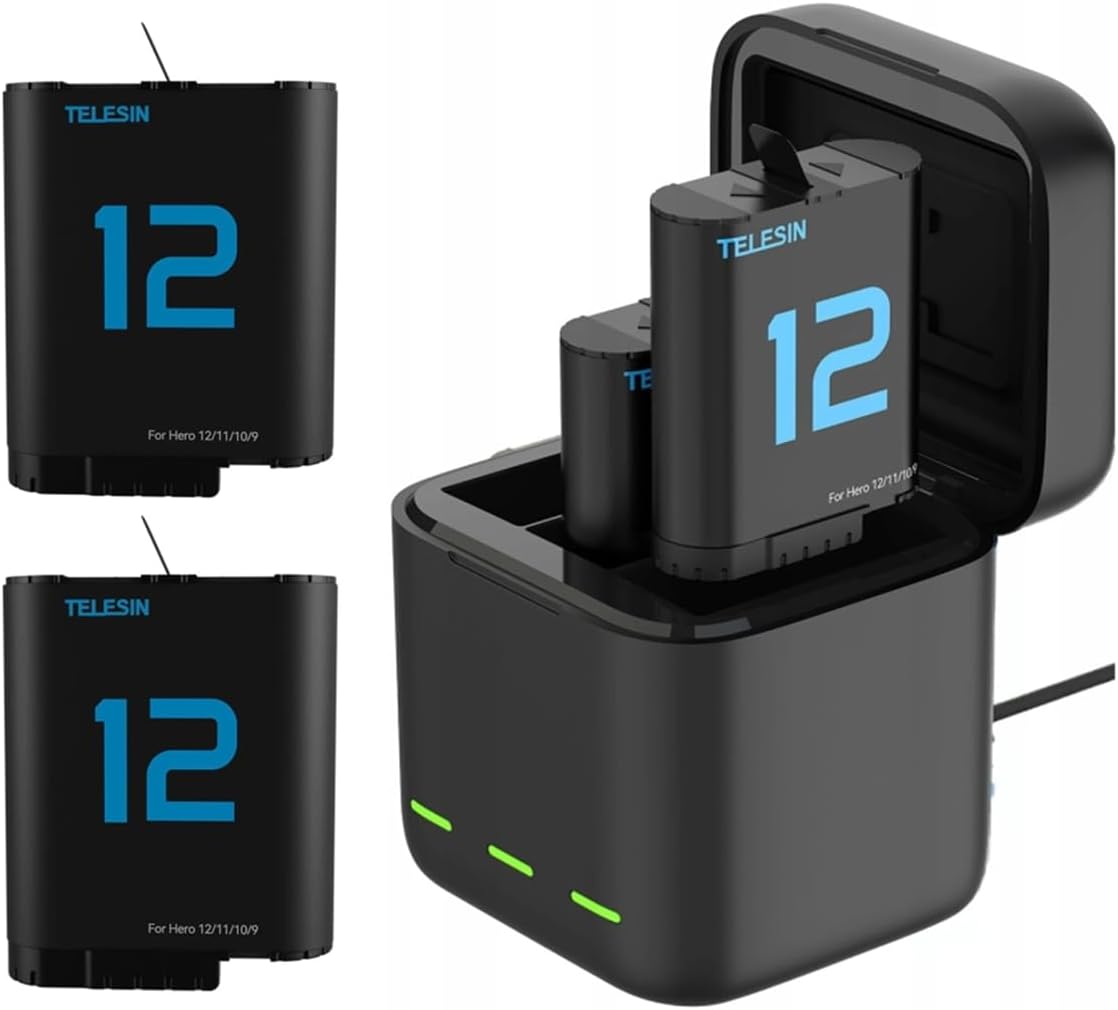 TELESIN 2-Pack Batteries and 3 Slots Storage Charger for GoPro HERO12/11/10/9 Black | Works with Original GoPro 12 11 10 9 Charger and Batteries
