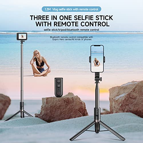 TELESIN 1.3m Wireless Remote Control Selfie Stick for GoPro HERO12 HERO11 HERO10 HERO9 Max with Phone Holder Clip and Tripod for Action Camera Mobile Phone