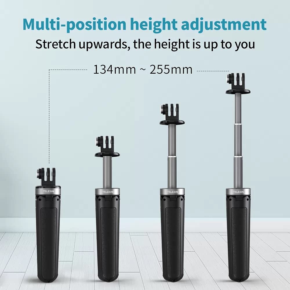 TELESIN Mini Desktop Selfie Stick Tripod for Action Camera, Compact Size Extendable Portable Length Adjustable GoPro DJI Action 2 Osmo Action Insta360 Sports Camera Tripod Stand