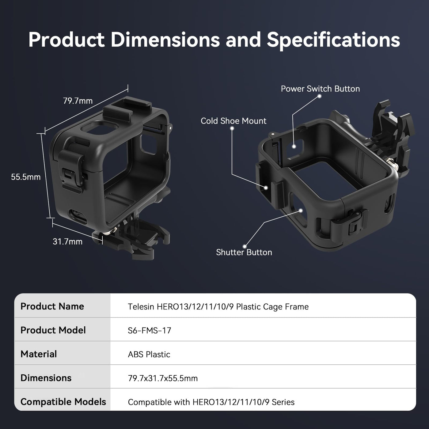 TELESIN Upgraded Protective Housing Case for GoPro HERO13 HERO12 HERO11 HERO10 HERO9 Black | Plastic Frame Vlog Cage with 1/4" Thread & Cold Shoe Mount