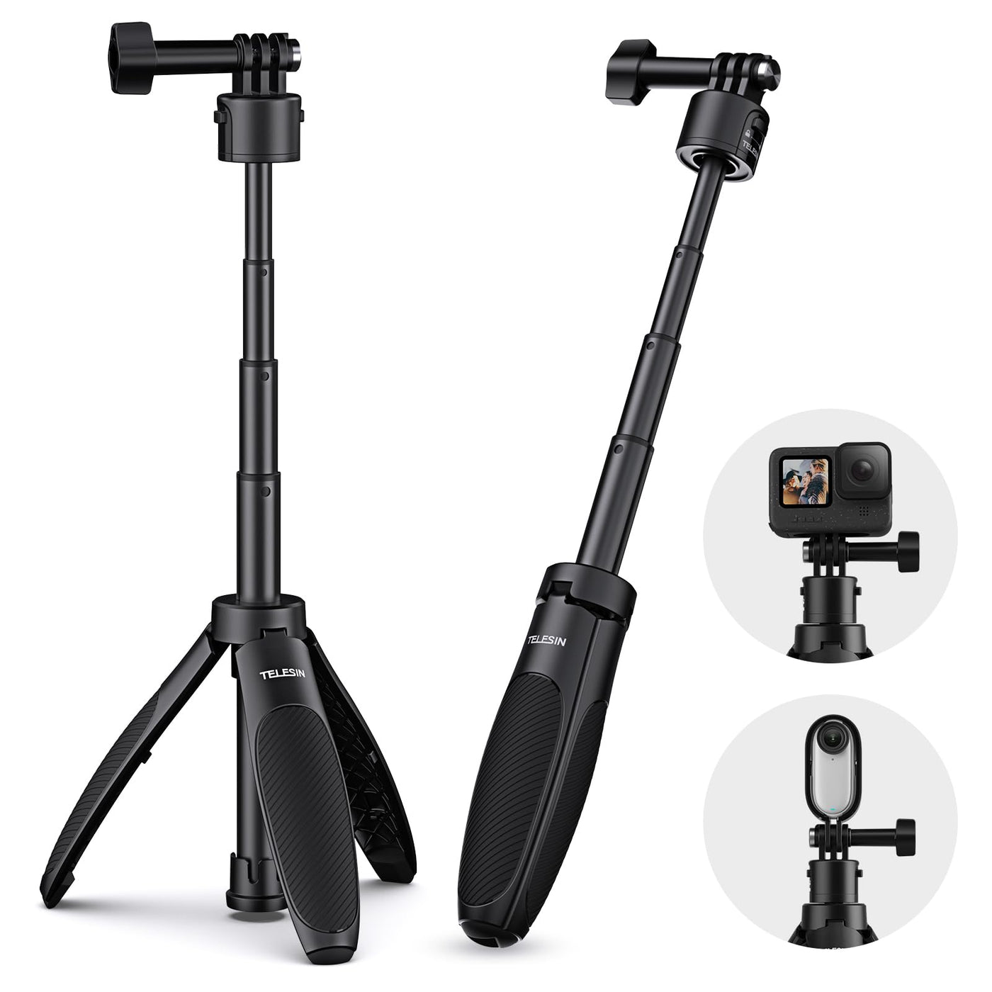 TELESIN 2.0 Quick Release Mini Desktop Tripod for GoPro Insta360 DJI Action Osmo Pocket | Compact Size Extendable Portable Camera Selfie Stick with Action Camera Quick Release Adapter