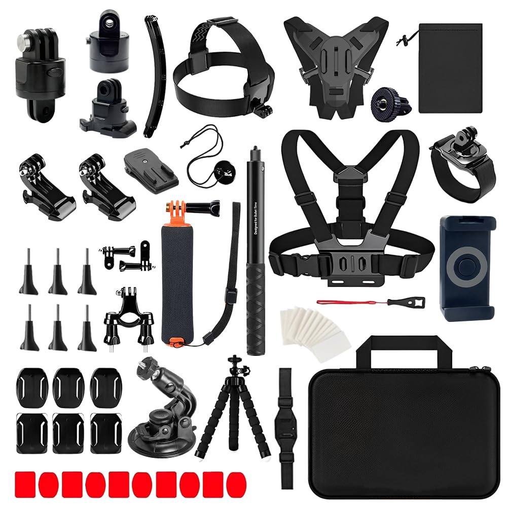 iGeek 65pcs Action Camera Accesories Kit | All in One Bundle Accesories Pack for GoPro Insta360 DJI Osmo Sports Cameras