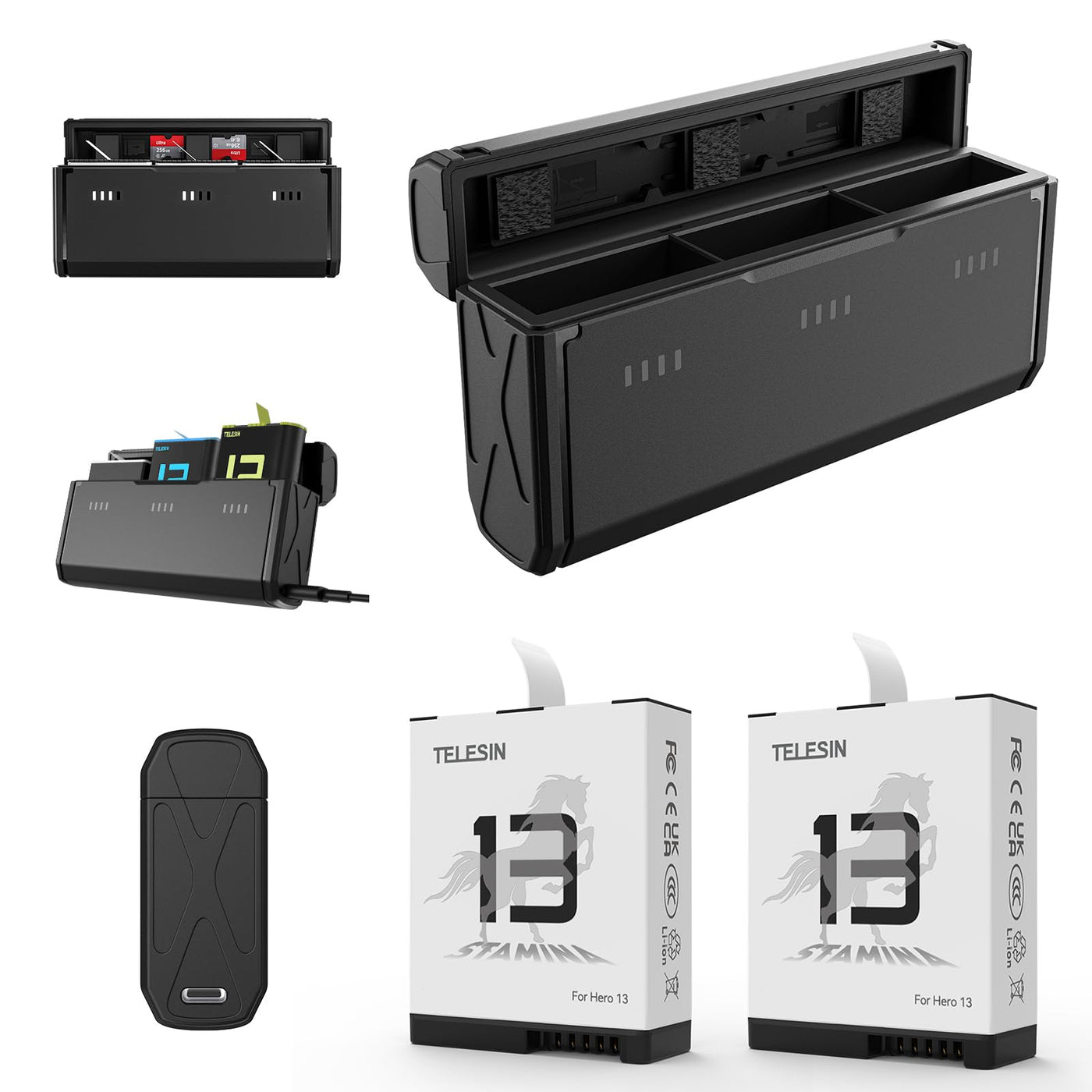 TELESIN 2-Pack Stamina Enduro Battery and Pocket Storage Charger Bundle for GoPro HERO13 | Multifunctional Charger with Flat Design for GoPro 13