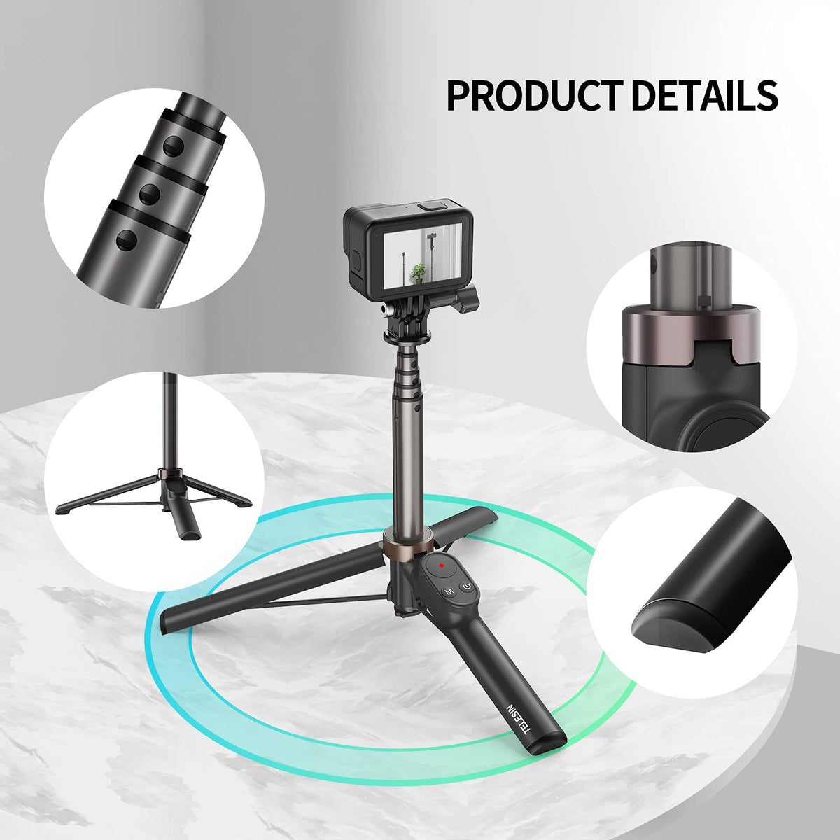 Telesin Wireless Remote Control Selfie Stick for GoPro HERO13/12/11/10/9/Max with Phone Holder Clip