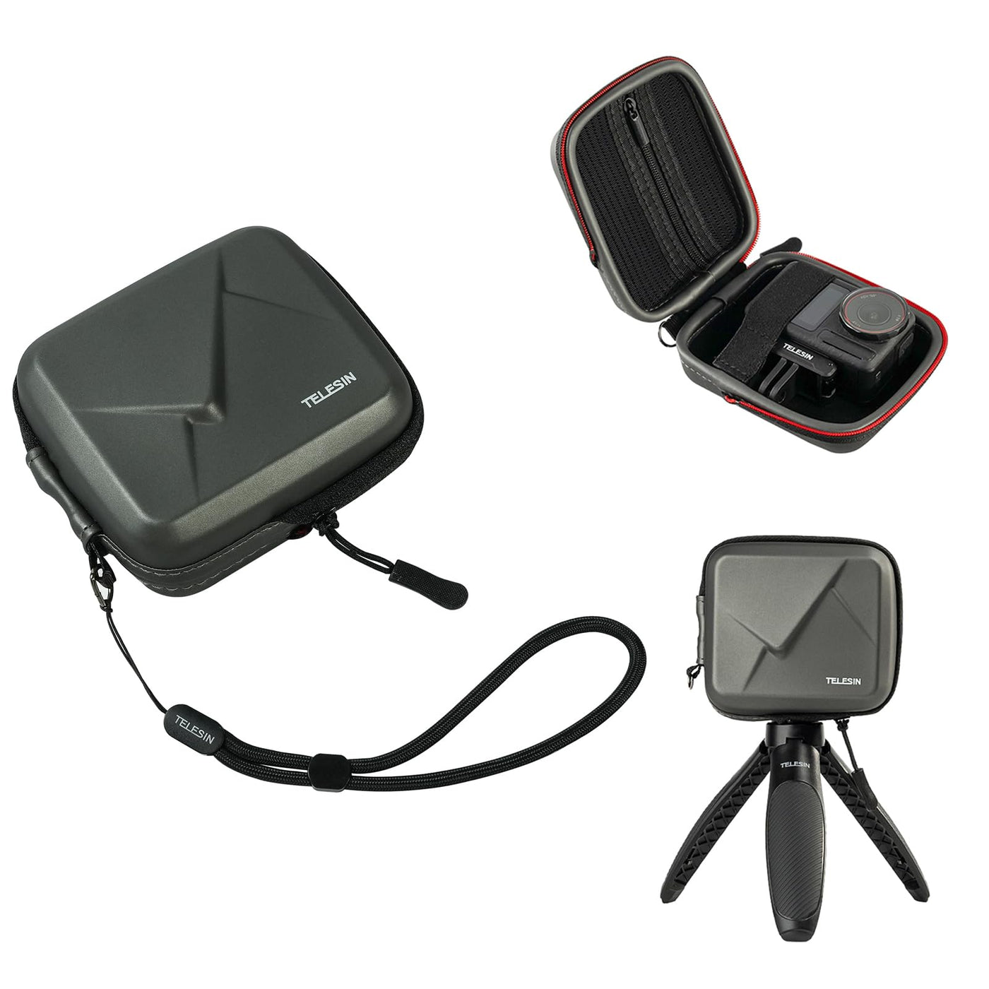 TELESIN Universal Action Camera Carrying Case for GoPro, DJI Osmo Action, Insta360 Ace Series | Hard Shell Protection Case with Elastic Wirst Strap and Open Port Design