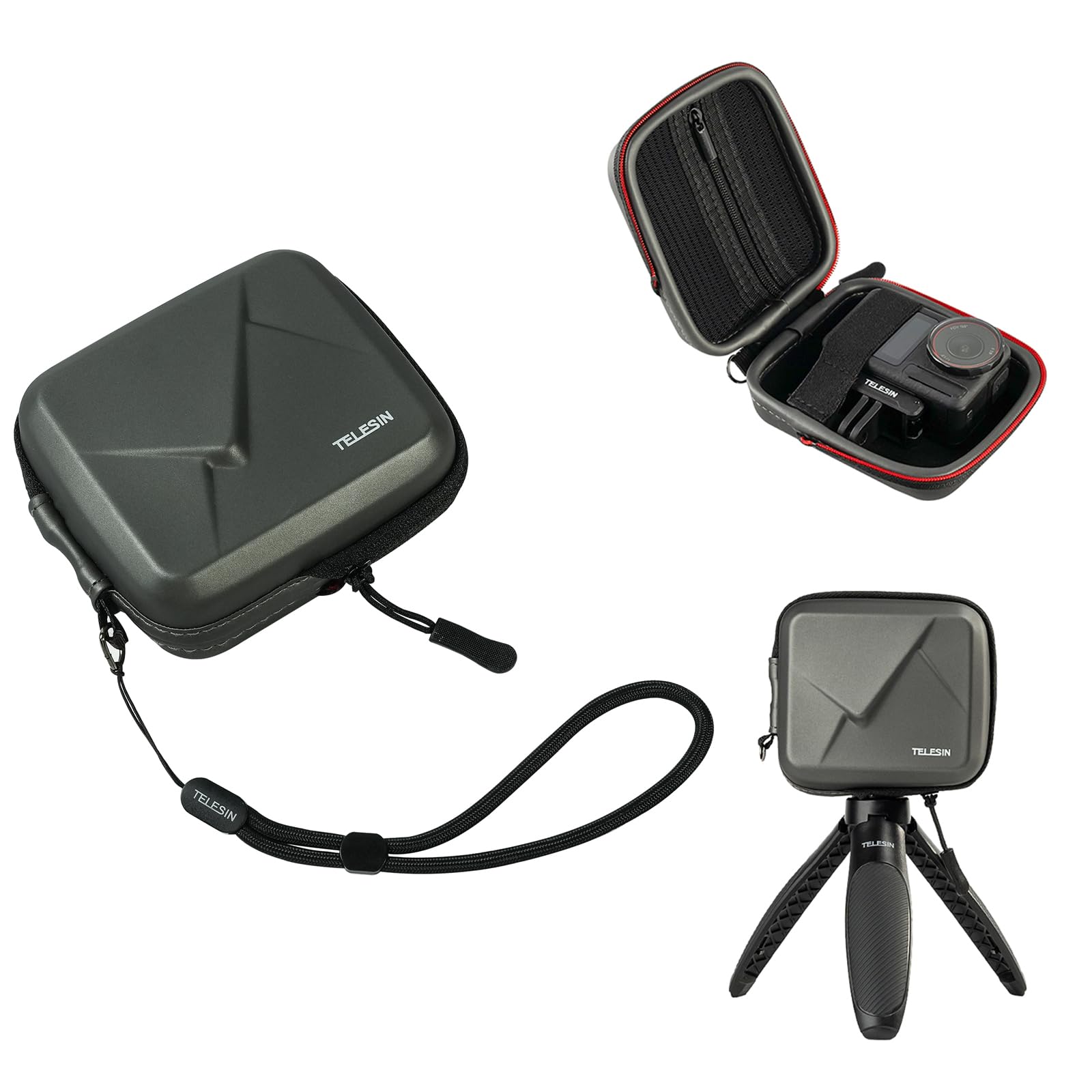 TELESIN Universal Action Camera Carrying Case for GoPro, DJI Osmo Action, Insta360 Ace Series | Hard Shell Protection Case with Elastic Wirst Strap and Open Port Design