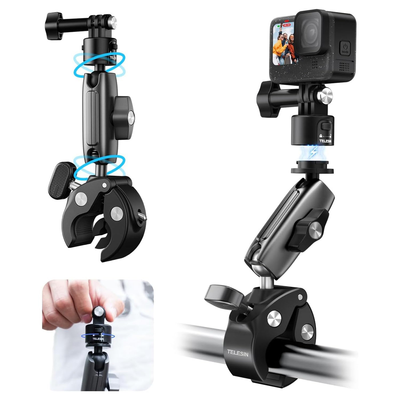 TELESIN S2 Quick Release Clamp Bike Mount Motorcycle Handlebar Holder | Roll Bar Tube Clip Mounting Accessories Compatible with GoPro Insta360 DJI Action Osmo Pocket Action Camera