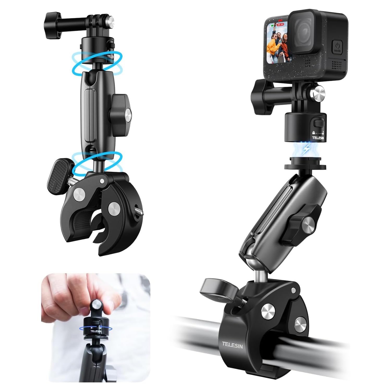 TELESIN S2 Quick Release Clamp Bike Mount Motorcycle Handlebar Holder | Roll Bar Tube Clip Mounting Accessories Compatible with GoPro Insta360 DJI Action Osmo Pocket Action Camera