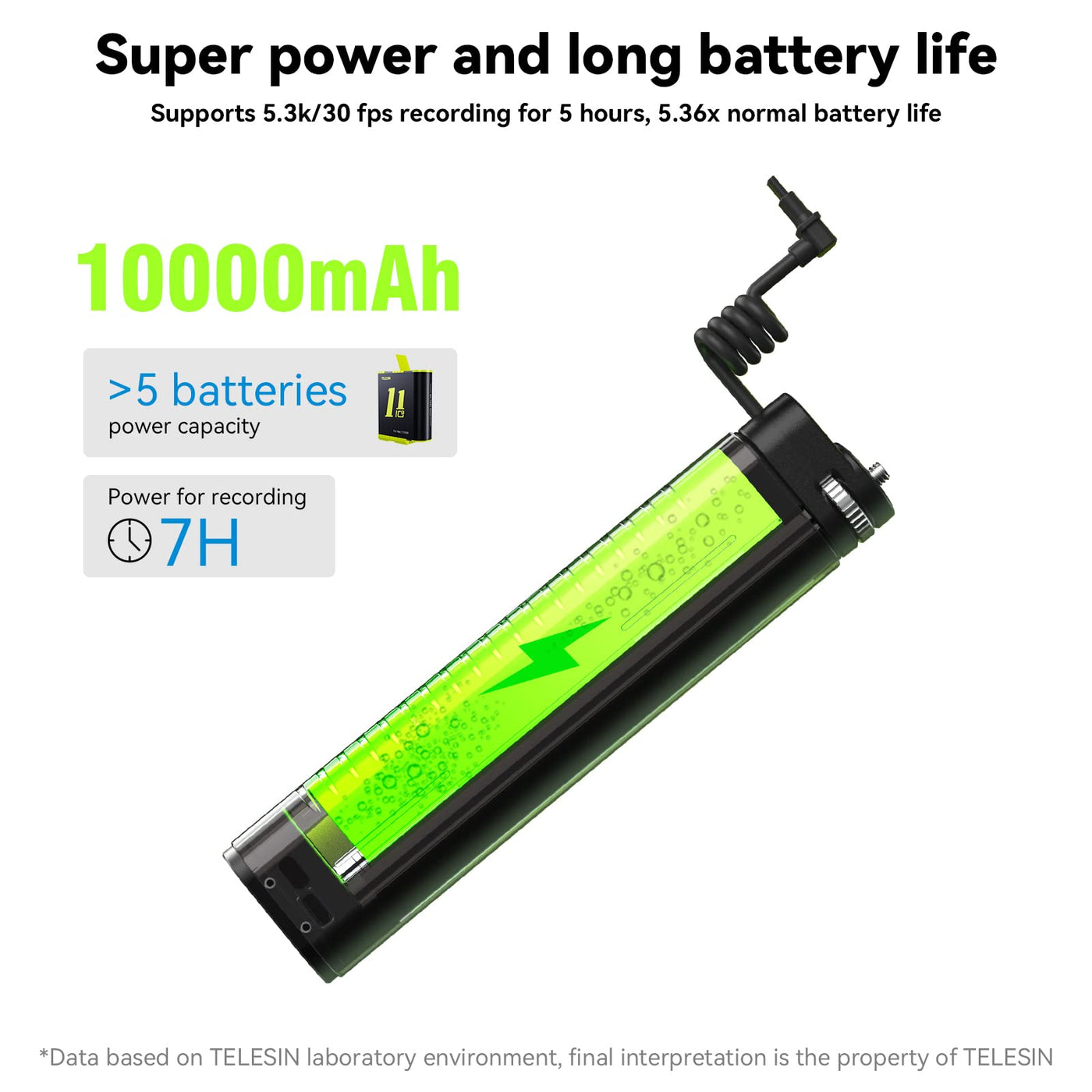 TELESIN Selfie Stick 10000mAh Battery with USB-C Cable for Action Camera
