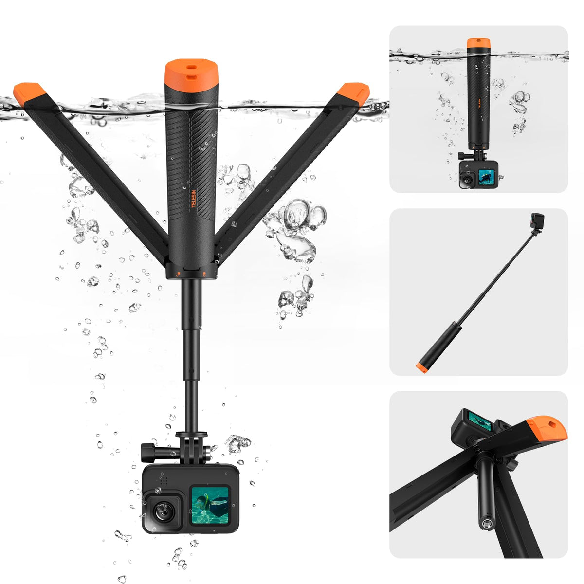 Telesin Floating Hand Grip Tripod Waterproof Extendable Selfie Stick