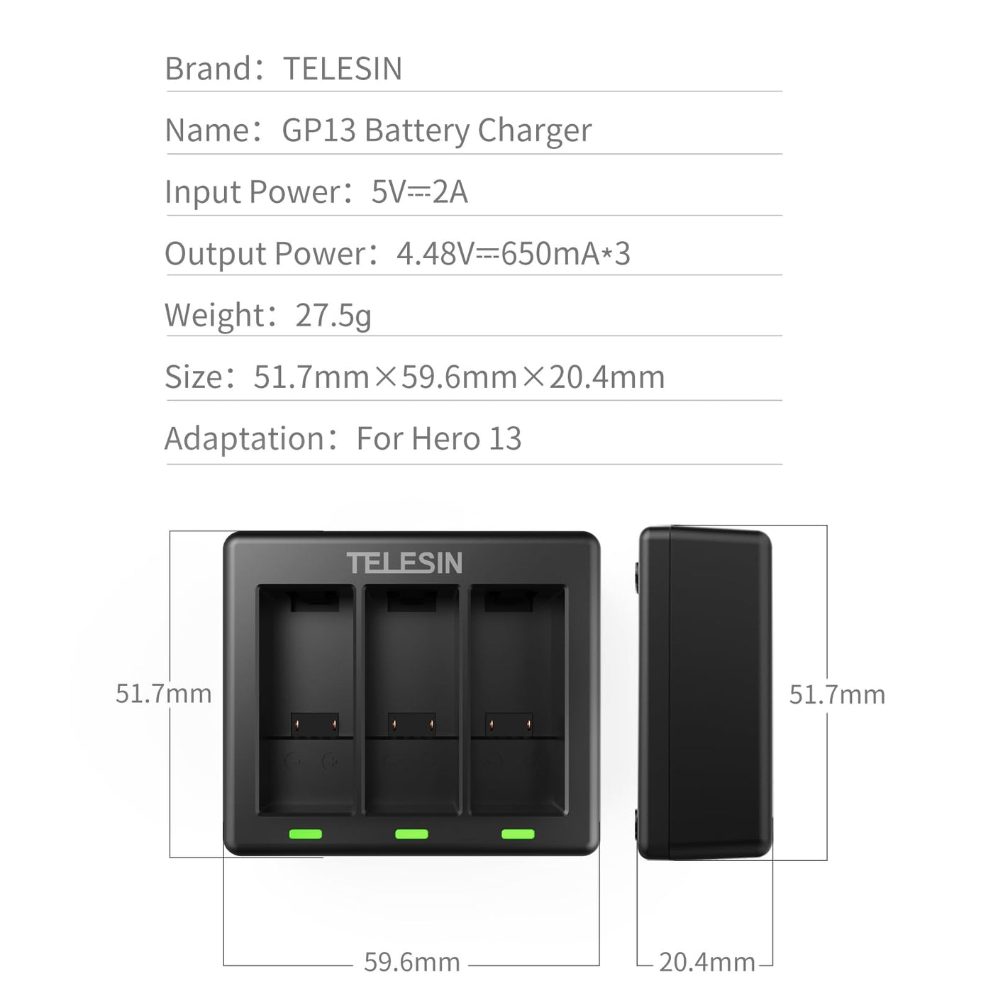 TELESIN Triple Battery Charger Dock with Type-C Cable for GoPro HERO13 Battery | Enduro Batteries Charger for GoPro 13