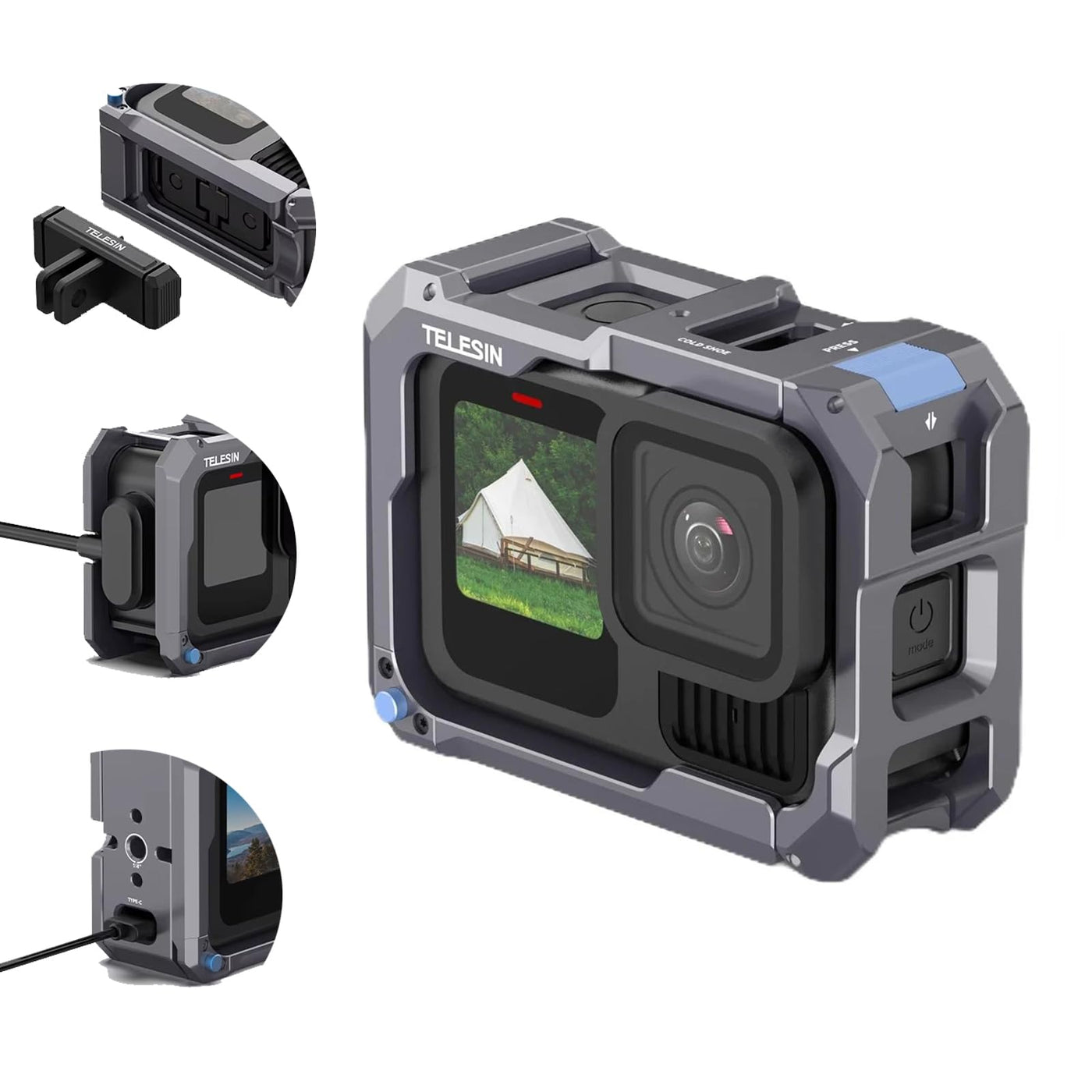 TELESIN Metal Cage Ultra for GoPro HERO 13/12/11/10/9 | Upgrade Magnesium-Aluminum Alloy Protective Frame Case with Side Charging Protection Cold Shoe