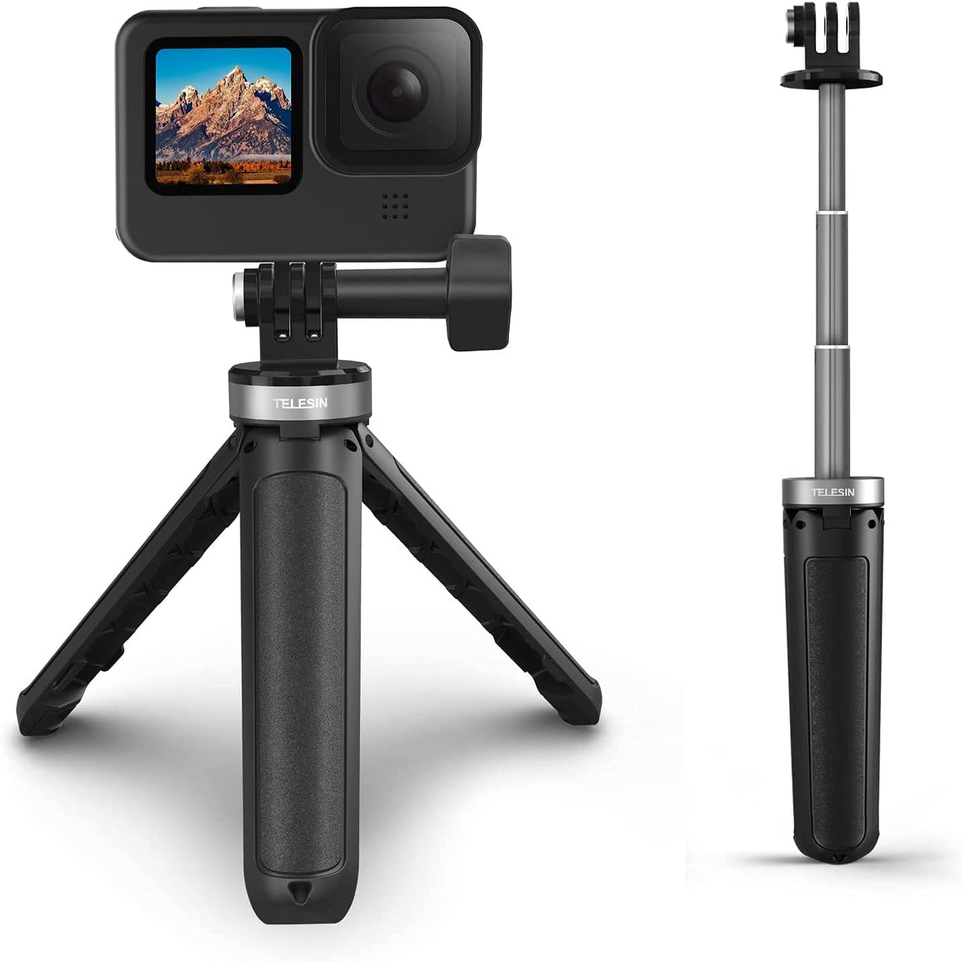 TELESIN Mini Desktop Selfie Stick Tripod for Action Camera, Compact Size Extendable Portable Length Adjustable GoPro DJI Action 2 Osmo Action Insta360 Sports Camera Tripod Stand