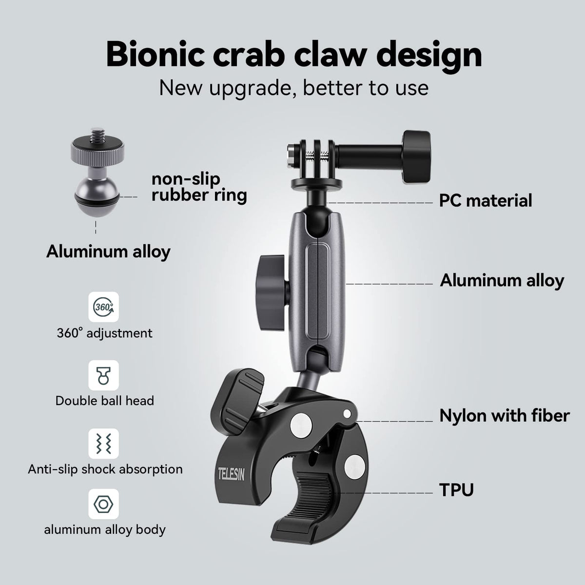 Telesin Claw Clamp Mount with Dua Ball Head