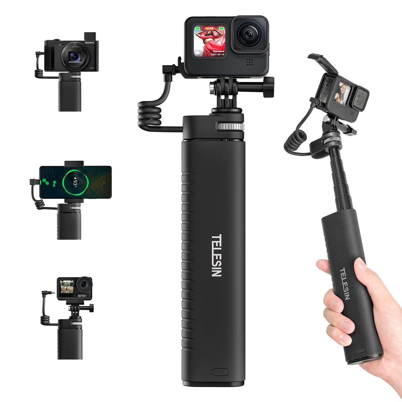 TELESIN Selfie Stick 10000mAh Battery with USB-C Cable for Action Camera