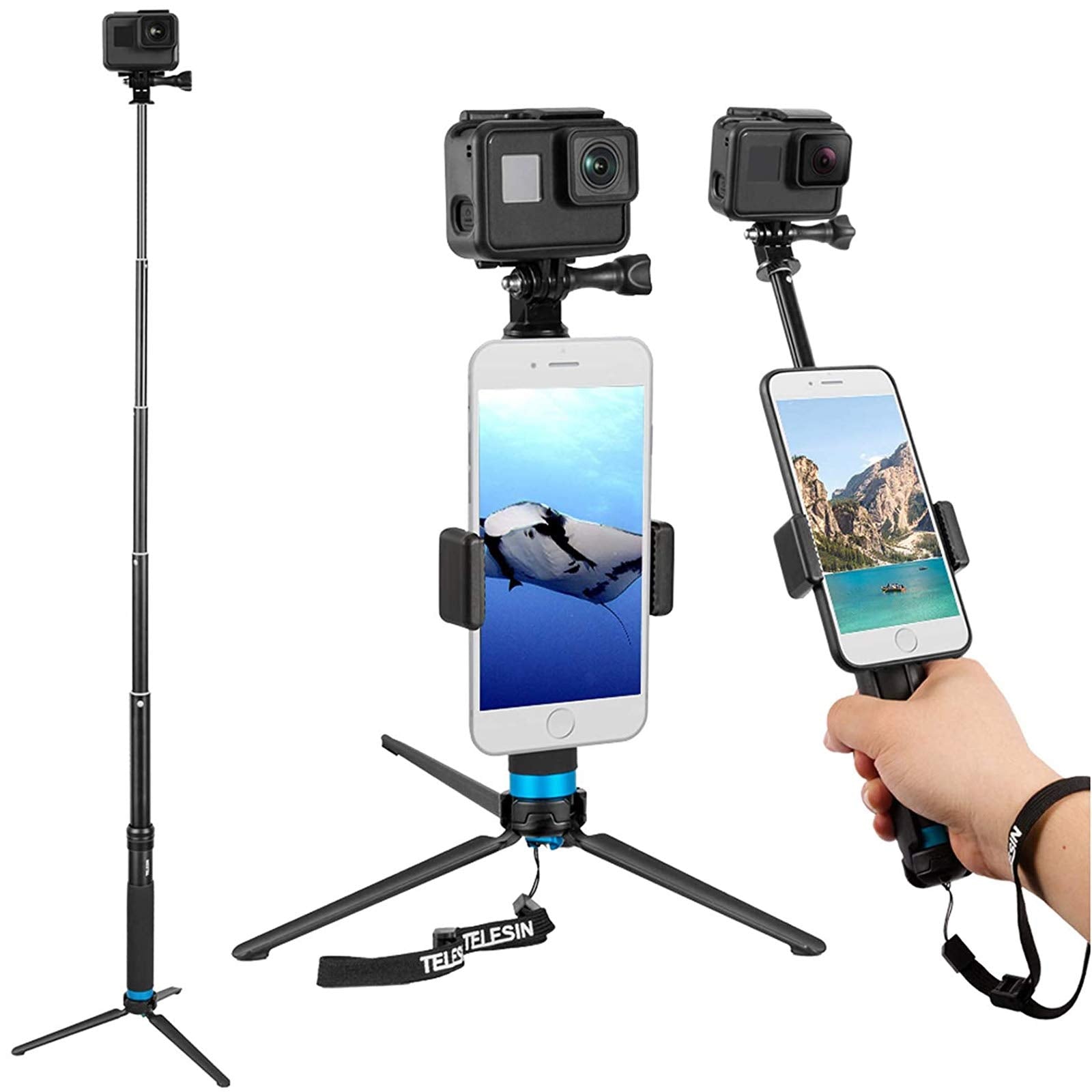 TELESIN Selfie Stick Monopod for GoPro, Selfie Pole with Tripod Mount Phone Holder Clip for GoPro Hero 11 10 9 8 7 6 5+, Insta360 One R RS, DJI Action 2 3 OSMO Action Camera