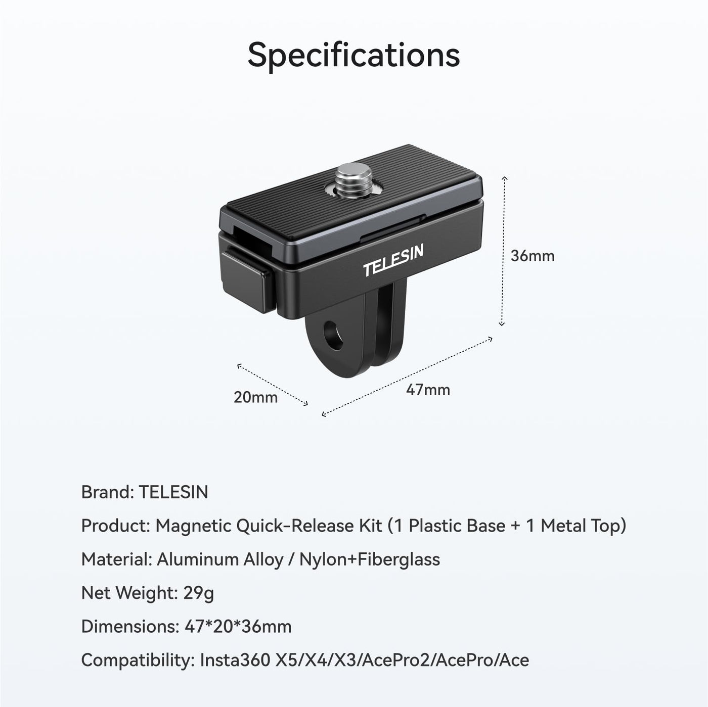 TELESIN Magnetic Quick Release Mount Set for Insta360 Ace/Ace Pro/Ace Pro 2, Insta360 X2/X3/X4/X5 | Metal Connection Plate Adapter for Insta 360 Ace Series, X Series Action Camera