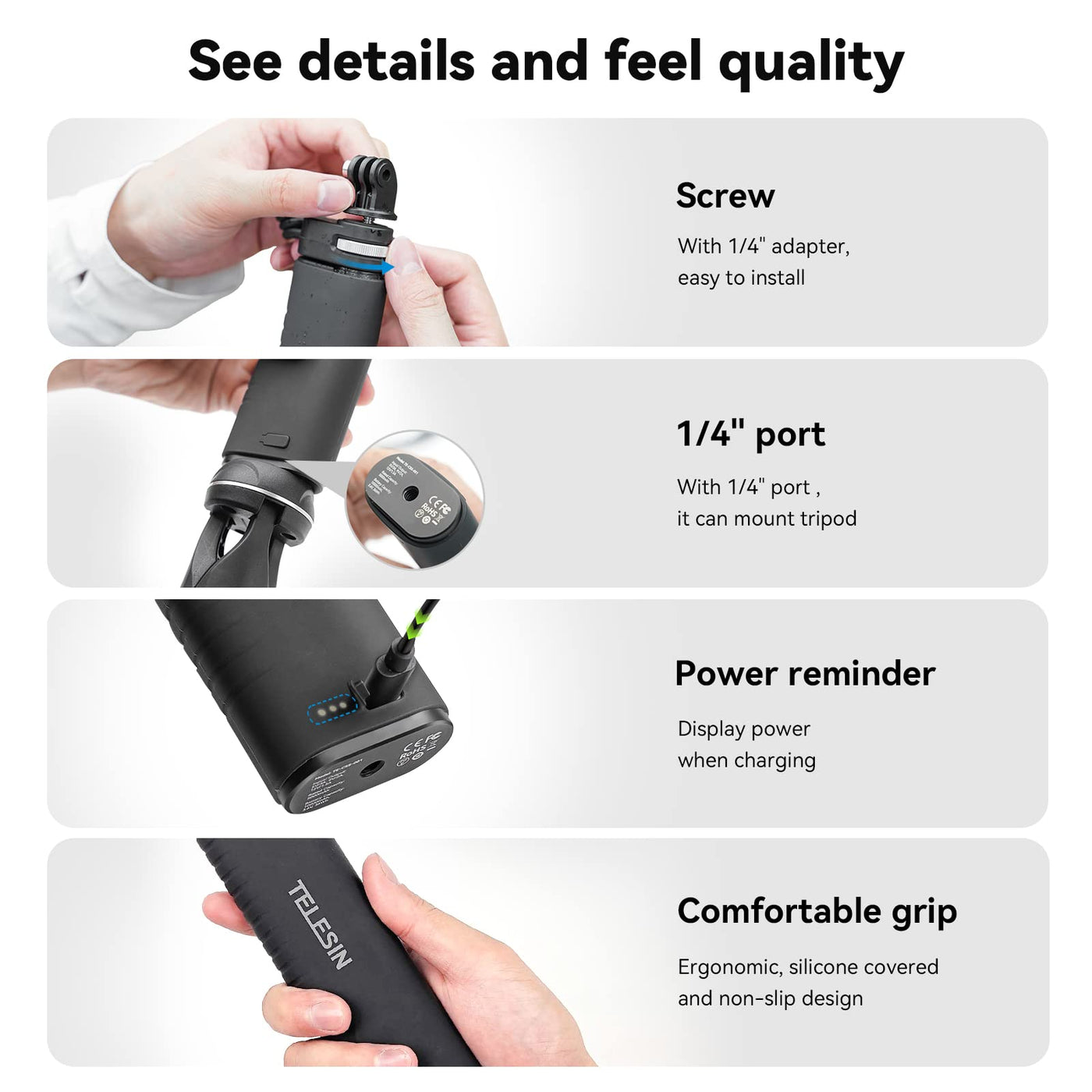 TELESIN Selfie Stick 10000mAh Battery with USB-C Cable for Action Camera