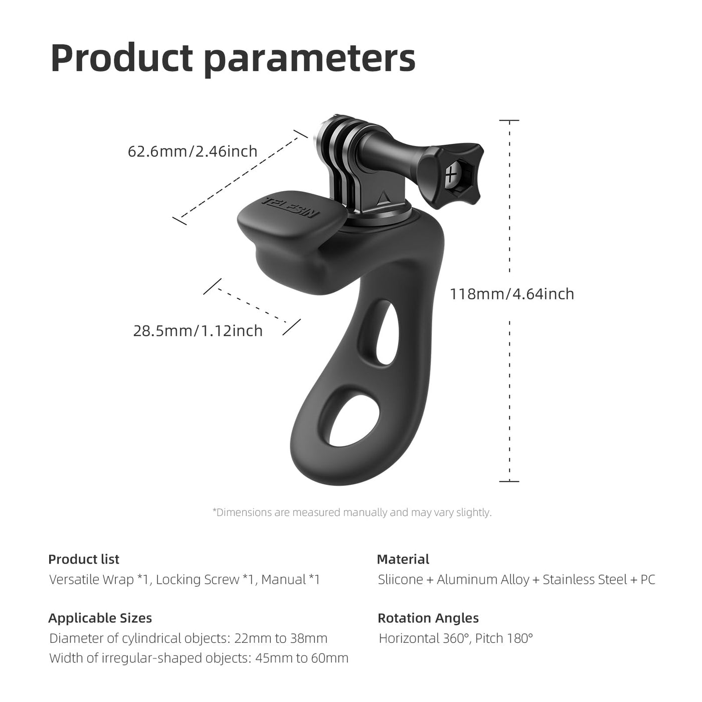 TELESIN Action Camera Elastic Silicone Strap Mount | Flexible Wrap Band Bike Motorcycle Handlebar Mount Accessories for GoPro Insta360 DJI Action Osmo Pocket - Black