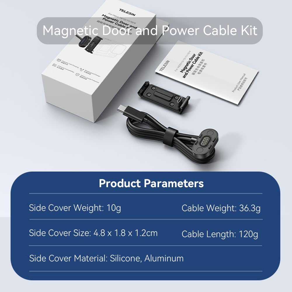 TELESIN Magnetic Door and Power Cable Kit for GoPro HERO13 / 12/11 / 10/9 | Weather-proof Contacto Magnetic Battery Side Cover and Charging Cable