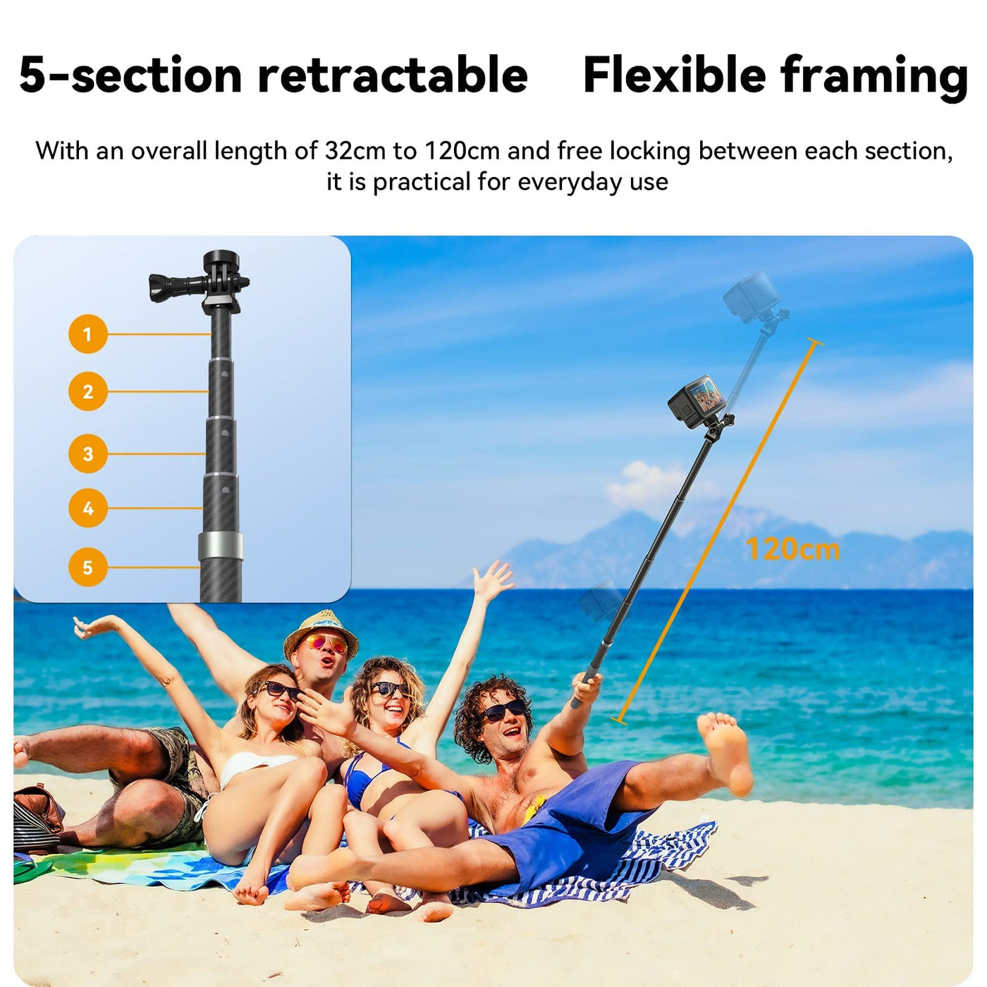 TELESIN 2nd Gen 1.2 Meter Carbon Fiber Selfie Stick for Action Camera, Invisible Stick for Insta360 ONE RS, ONE X3-120CM