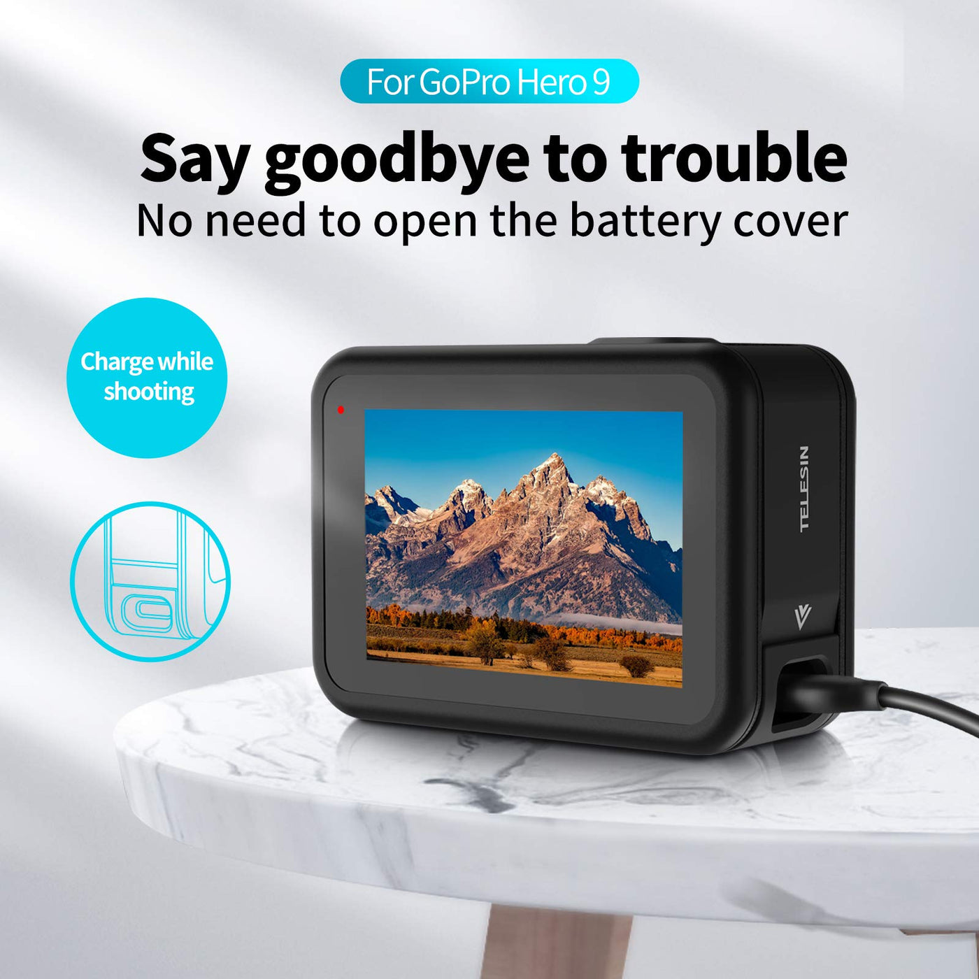 TELESIN Removable Metal Battery Door Compatible with GoPro Hero 9 Black Side Cover Replacement