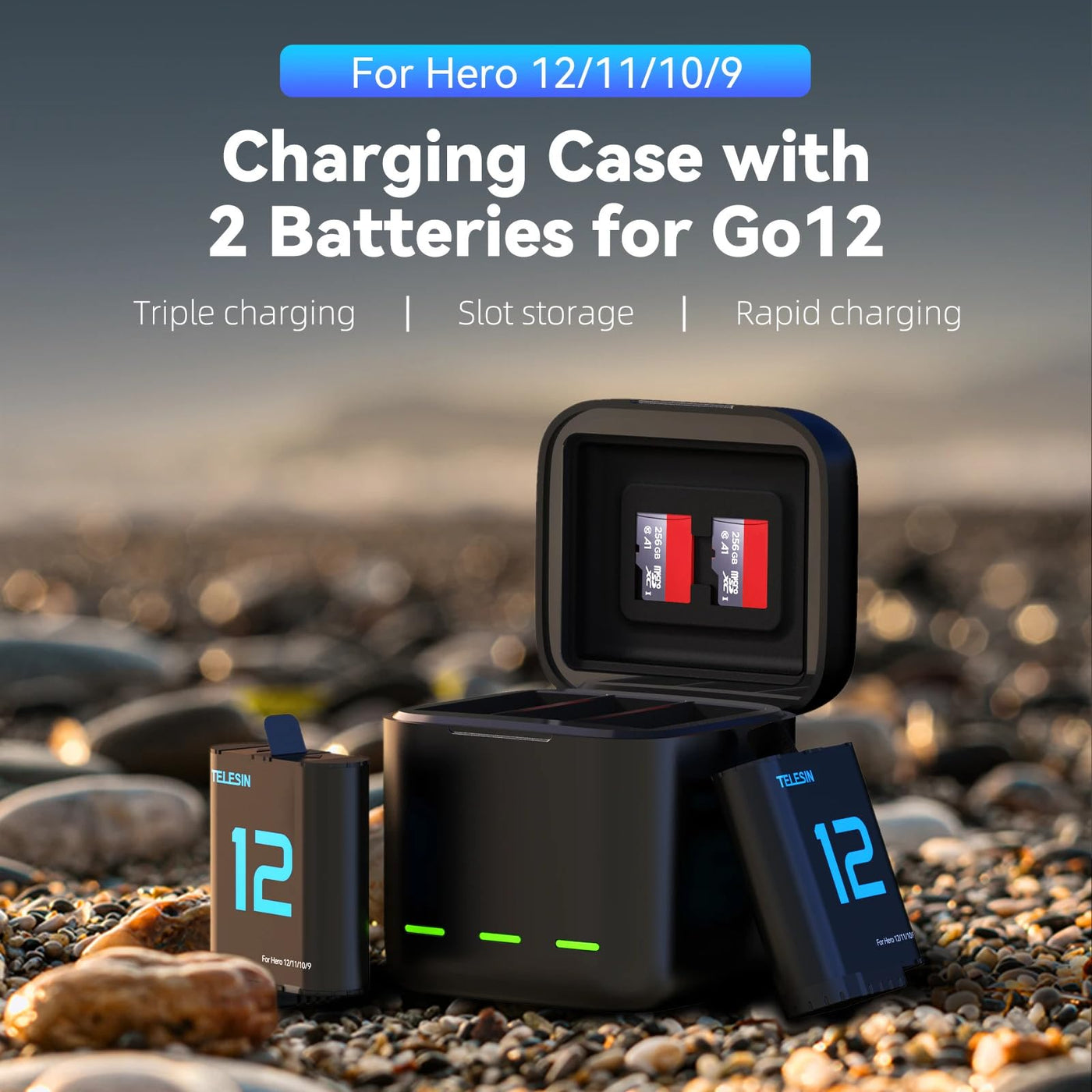 TELESIN 2-Pack Batteries and 3 Slots Storage Charger for GoPro HERO12/11/10/9 Black | Works with Original GoPro 12 11 10 9 Charger and Batteries