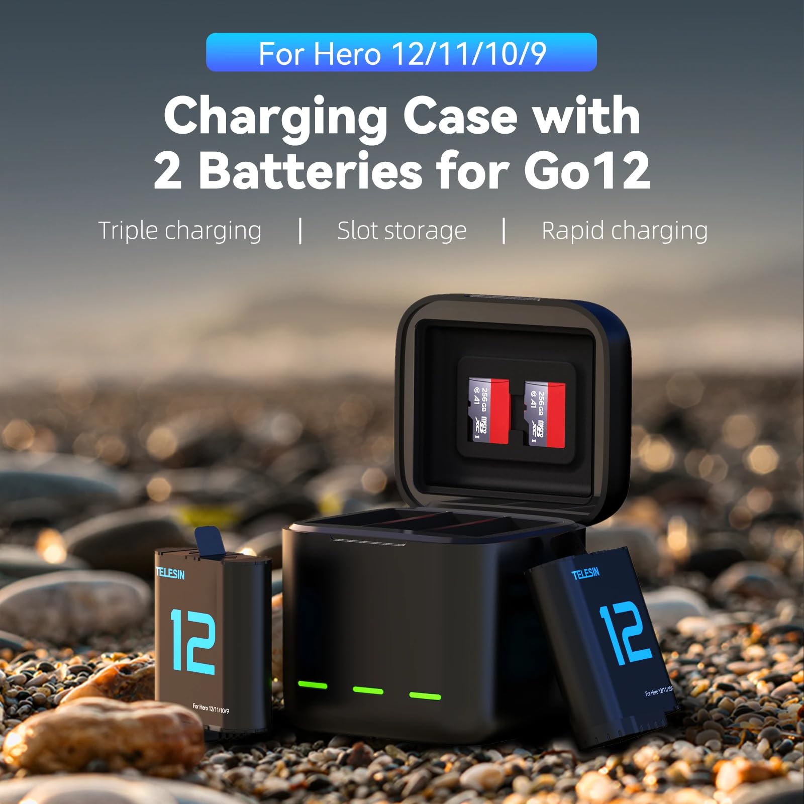 TELESIN 2-Pack Batteries and 3 Slots Storage Charger for GoPro HERO12/11/10/9 Black | Works with Original GoPro 12 11 10 9 Charger and Batteries