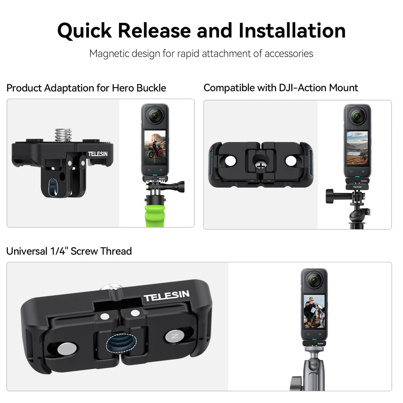 TELESIN Quick Release Base Mount For Insta360 X4 | Magnetic Aluminum Two-Claw Adapter with 1/4" Screw