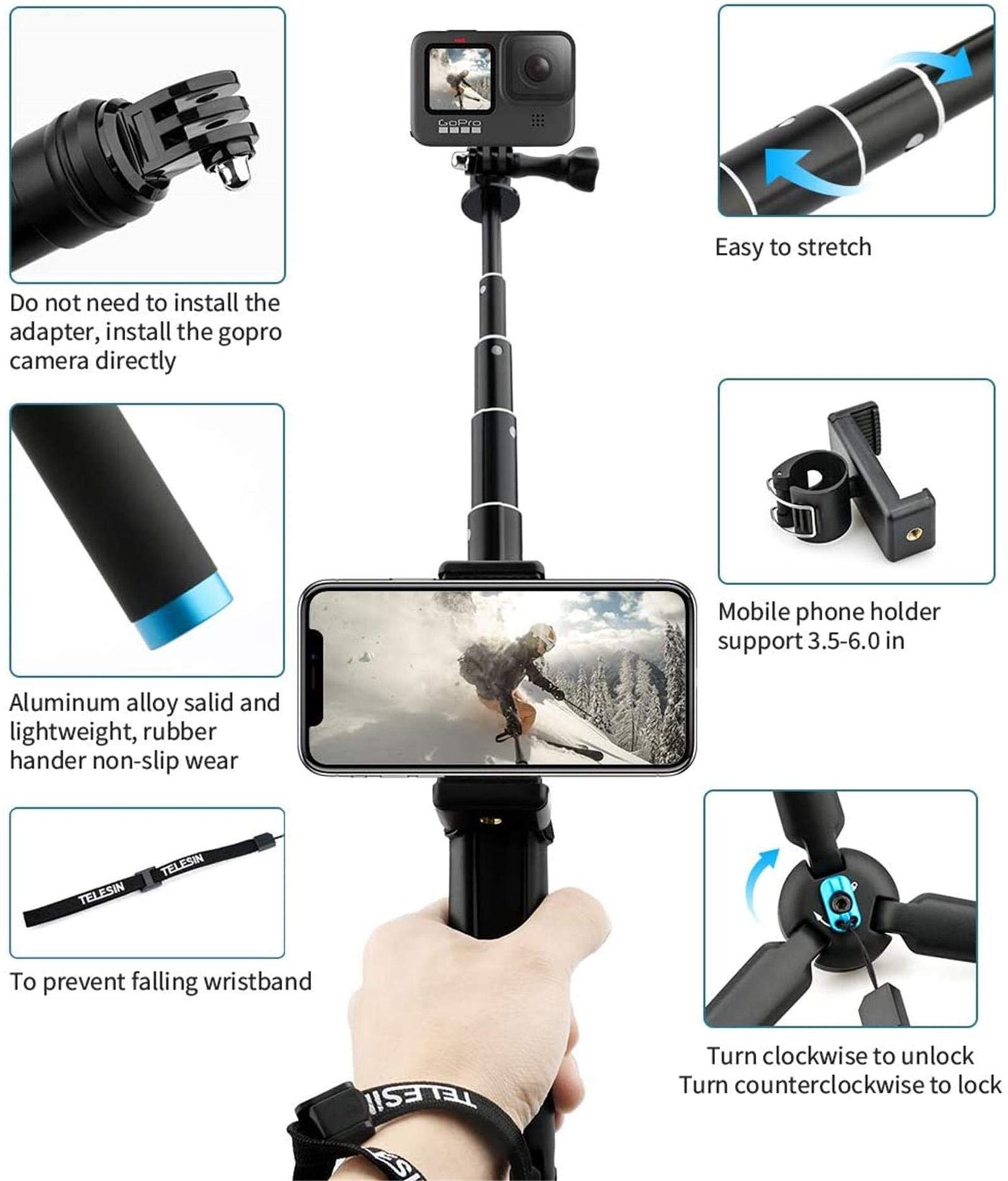 TELESIN Selfie Stick Monopod for GoPro, Selfie Pole with Tripod Mount Phone Holder Clip for GoPro Hero 11 10 9 8 7 6 5+, Insta360 One R RS, DJI Action 2 3 OSMO Action Camera