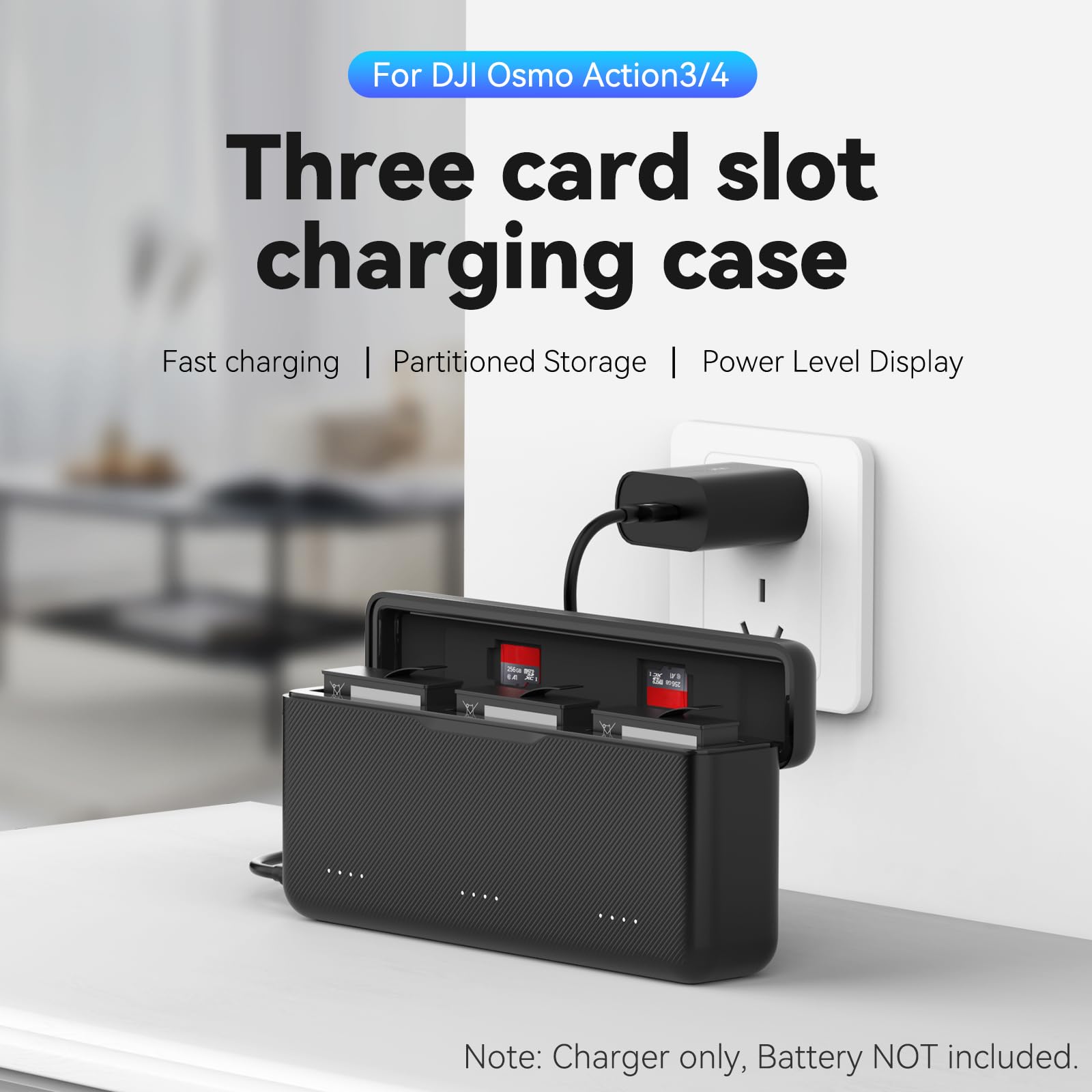 TELESIN Triple Slot Battery Charger for DJI Osmo Action 3 4 | Battery Charging Carry Case with Type-C Cable for Action 3/4
