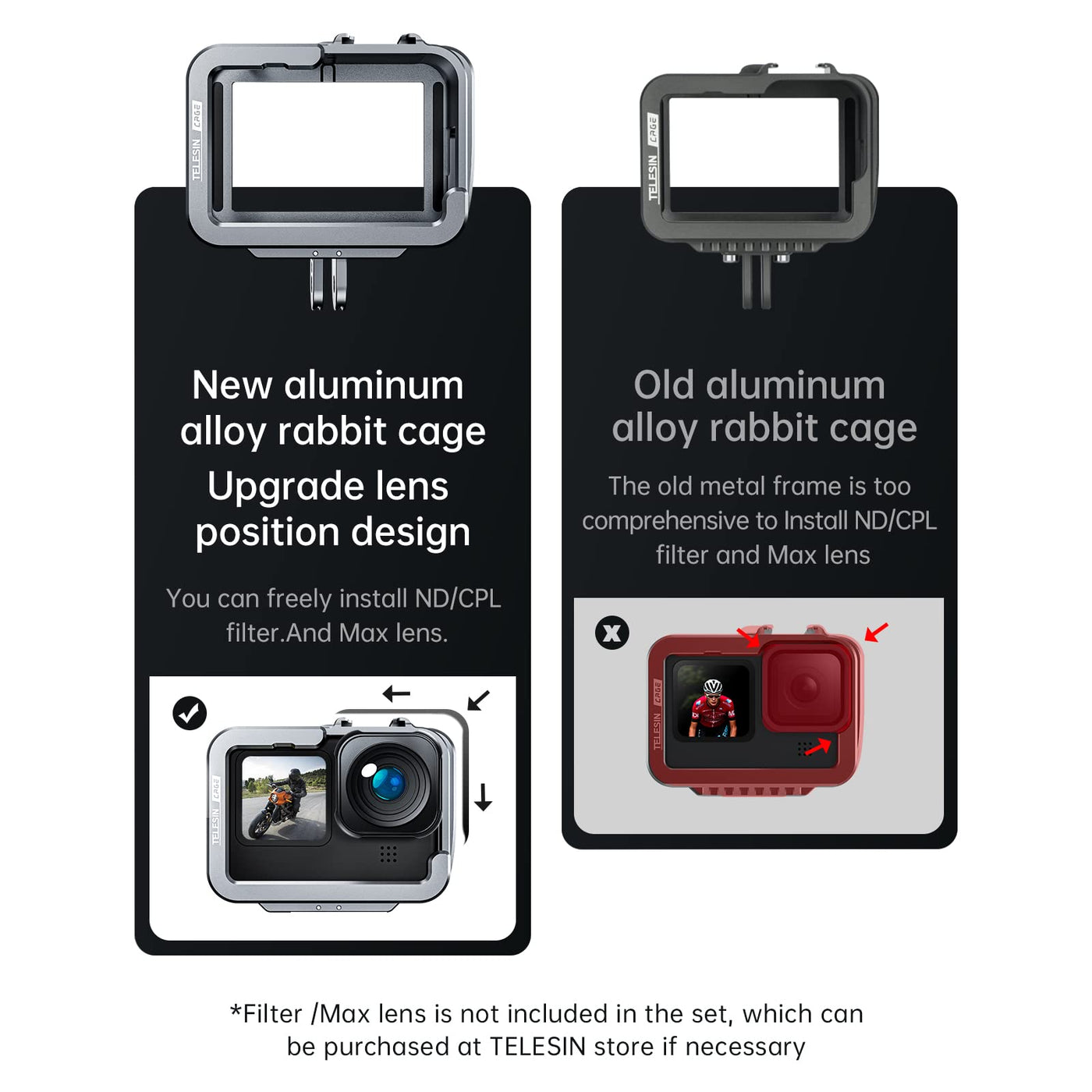TELESIN Aluminum Alloy Cage Combo Set for GoPro Hero 11 Hero 10 Hero 9 Black Metal Housing Supports Vertical Shooting