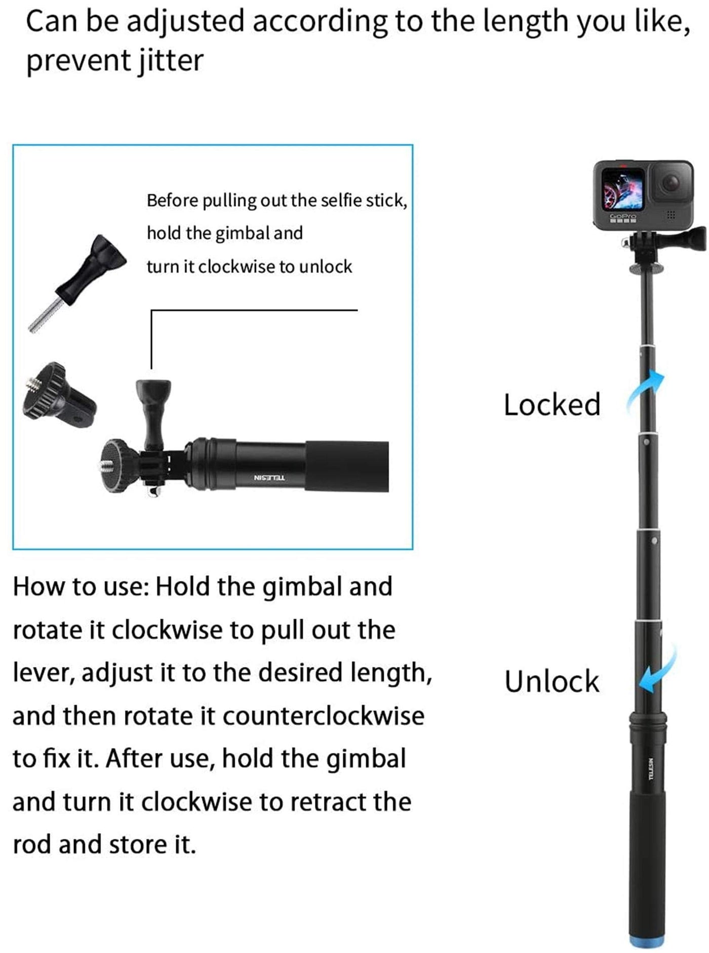 TELESIN Selfie Stick Monopod for GoPro, Selfie Pole with Tripod Mount Phone Holder Clip for GoPro Hero 11 10 9 8 7 6 5+, Insta360 One R RS, DJI Action 2 3 OSMO Action Camera