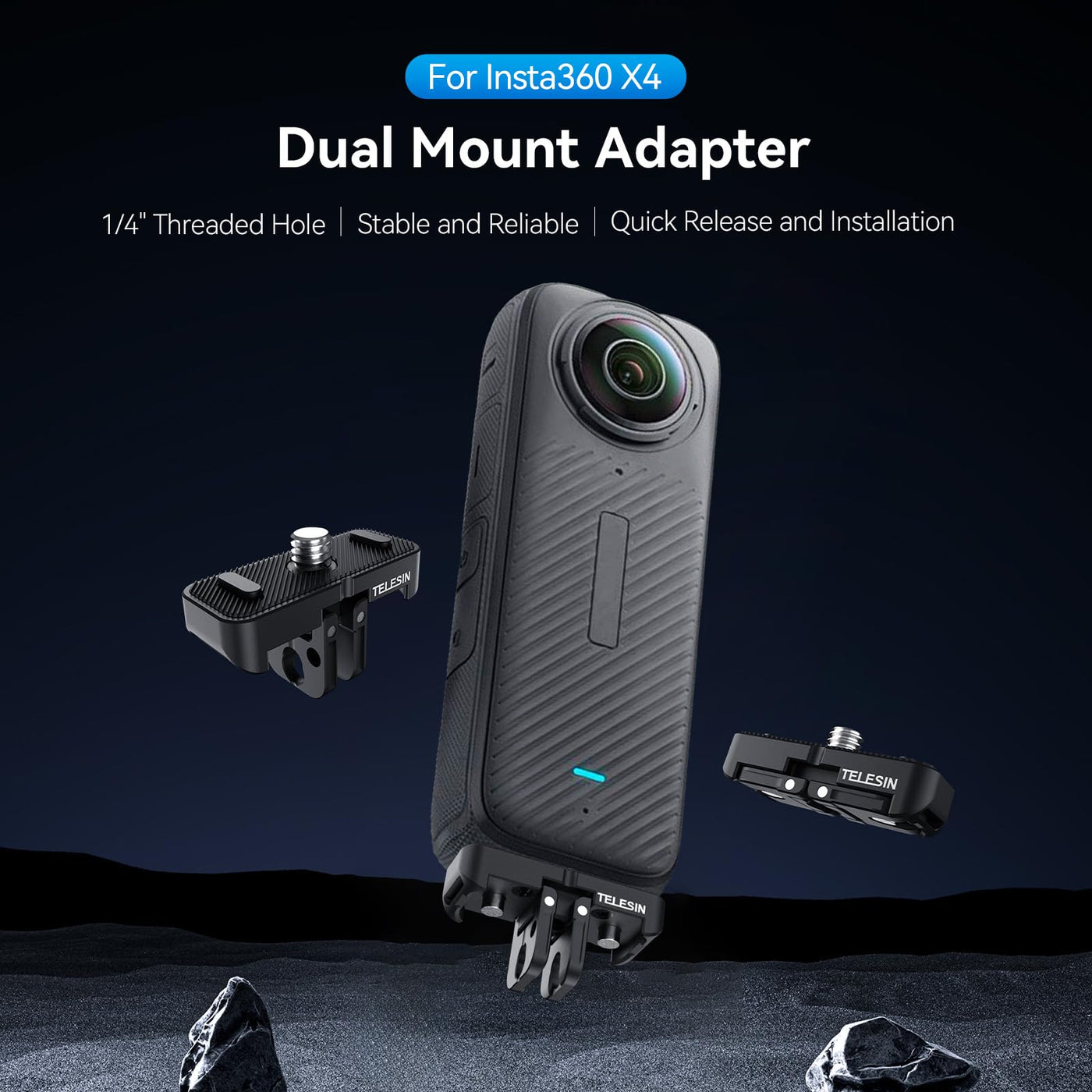 TELESIN Quick Release Base Mount For Insta360 X4 | Magnetic Aluminum Two-Claw Adapter with 1/4" Screw