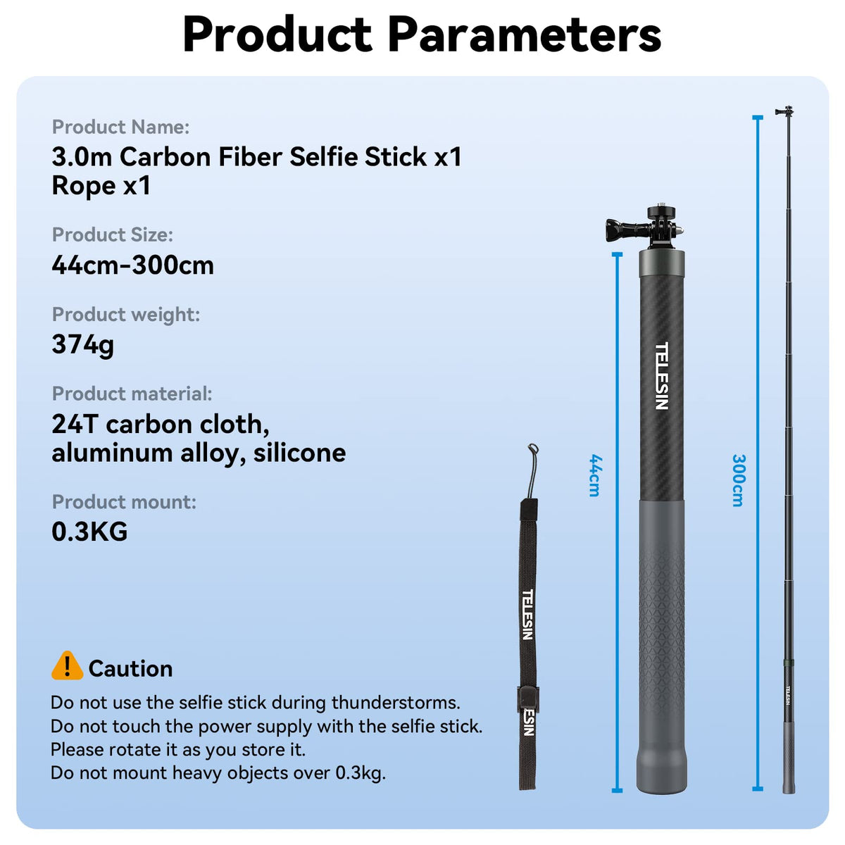 Telesin 2nd Gen 3 Meter Ultra Long Carbon Fiber Invisible Selfie Stick for Action Camera