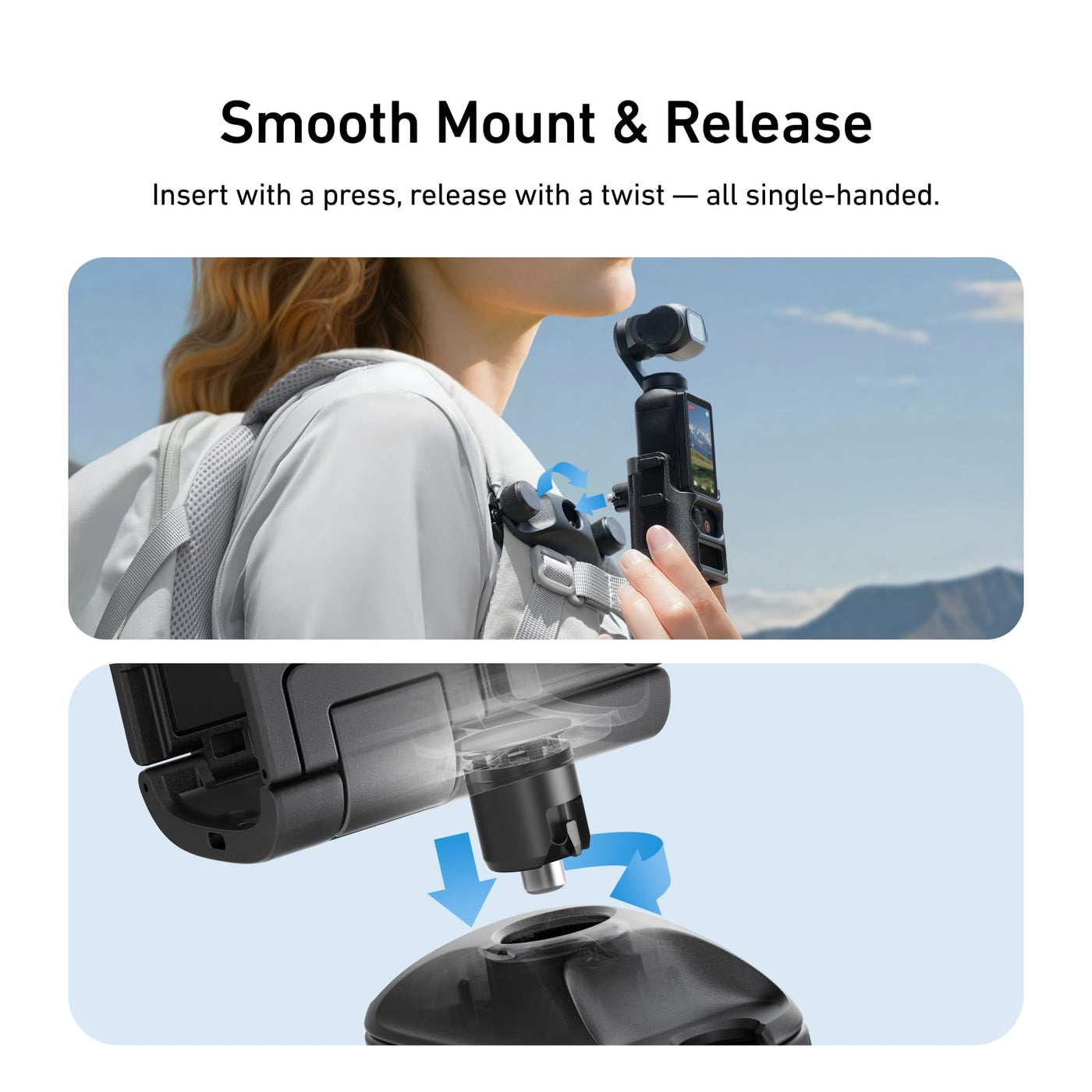 TELESIN Quick Release Backpack Strap Mount for DJI Osmo Pocket 3 | One-Handed Clip Holder with Dual Lock, Anti-Slip Silicone Pad, Fits Most Backpack Straps, Outdoor POV Accessory