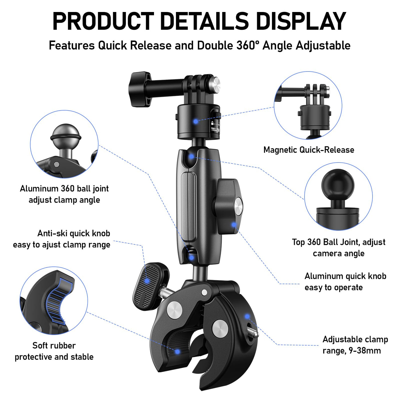 TELESIN S2 Quick Release Clamp Bike Mount Motorcycle Handlebar Holder | Roll Bar Tube Clip Mounting Accessories Compatible with GoPro Insta360 DJI Action Osmo Pocket Action Camera