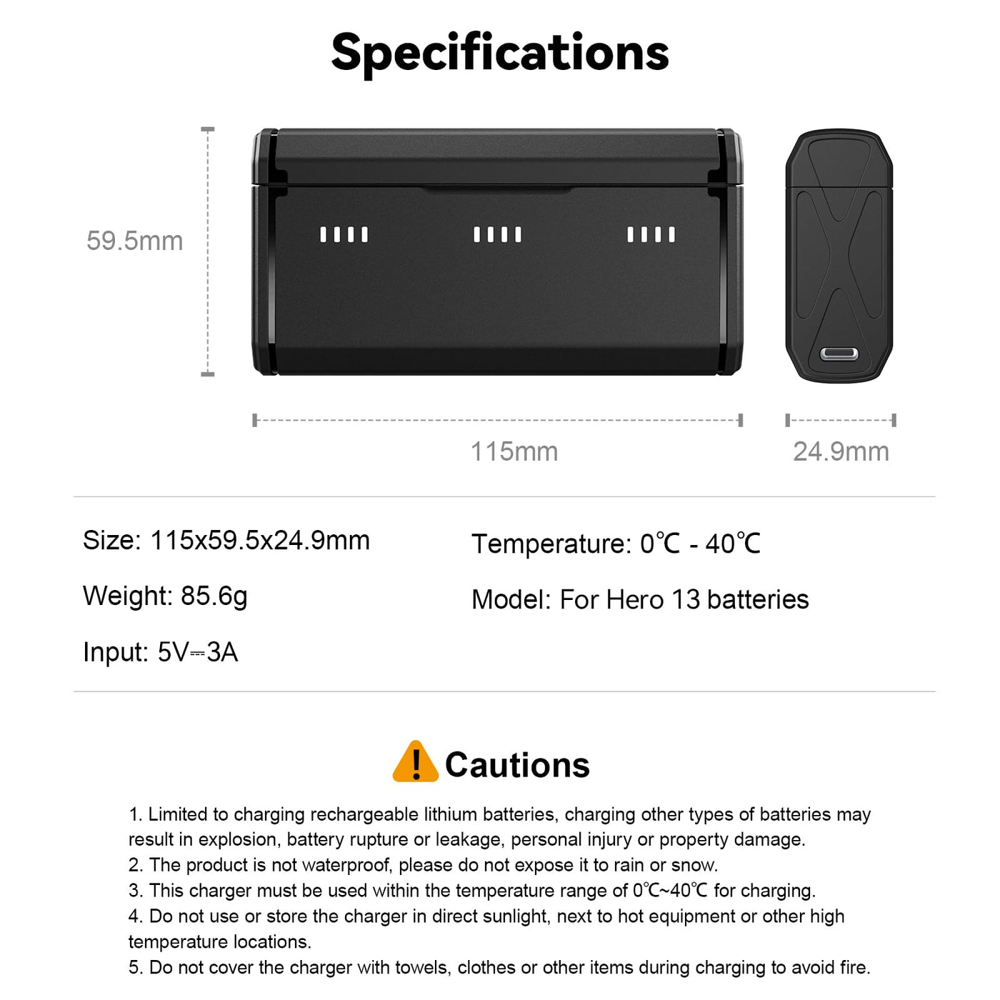 TELESIN Enduro Battery Charger with Smart Power Indicator for GoPro HERO13 | Go Pro 13 Charging Accessories Portable Flat Design with Side Charging Port