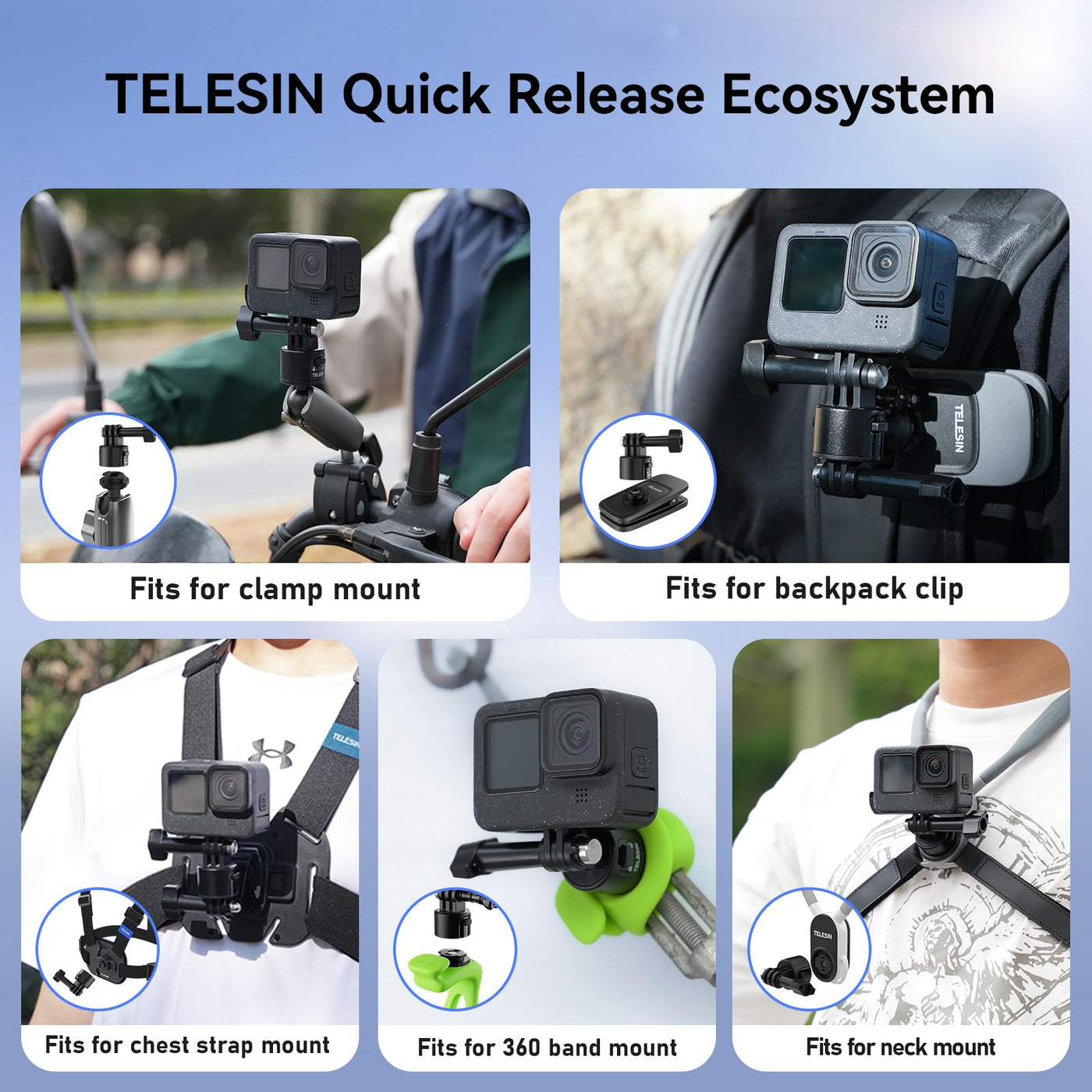 TELESIN S2 Quick Release Clamp Bike Mount Motorcycle Handlebar Holder | Roll Bar Tube Clip Mounting Accessories Compatible with GoPro Insta360 DJI Action Osmo Pocket Action Camera
