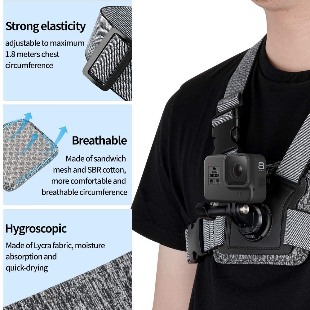TELESIN Chest Strap Mount, Front & Back Dual Angle Chest Harness Wearing Belt Mount for GoPro, Insta360. DJI Action 2 Osmo Action Camera Accessories