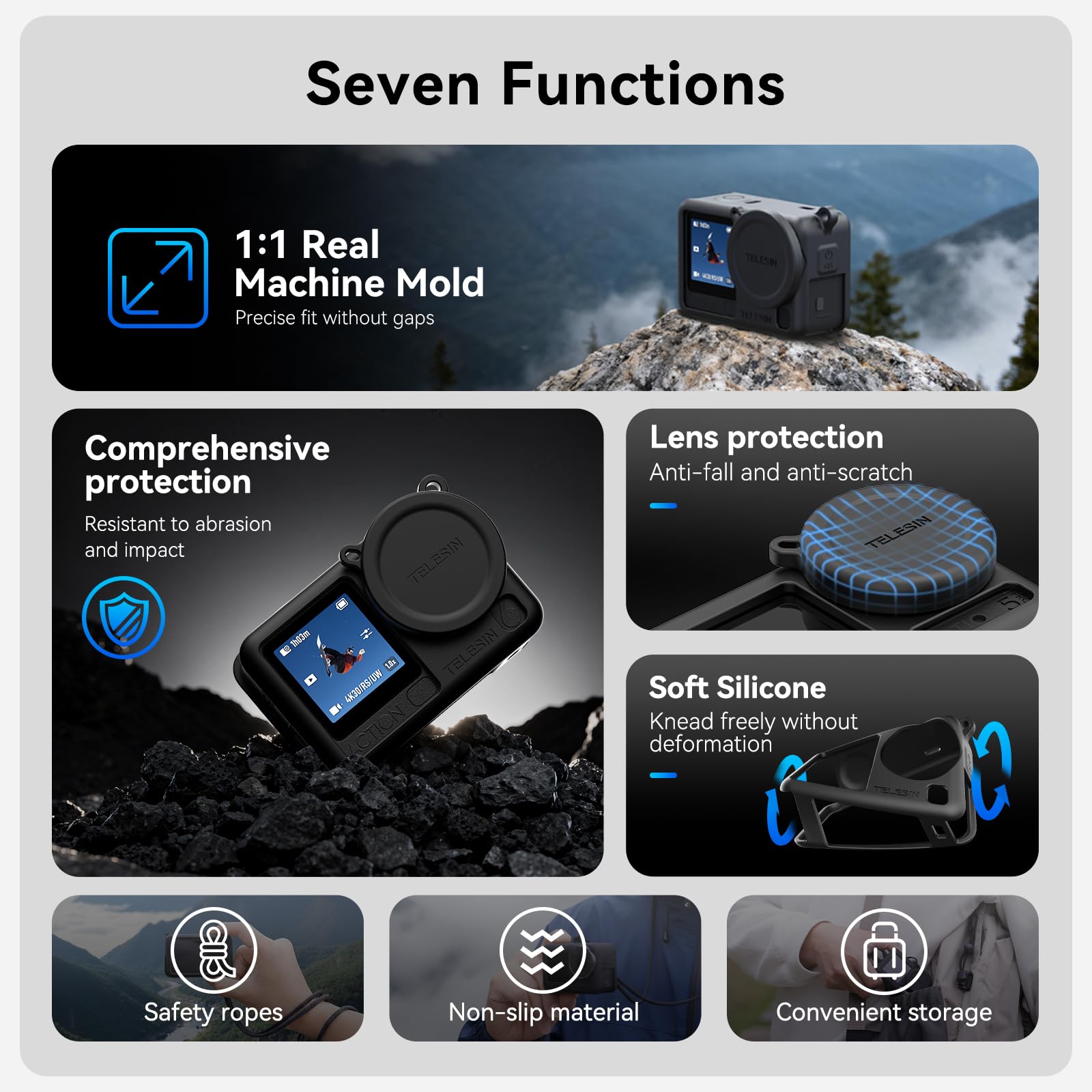 TELESIN Silicone Protective Case with Lens Cap & Lanyard for DJI Osmo Action 6 | Anti-Scratch Soft Cover Dustproof Protection for Action 6 (Black)