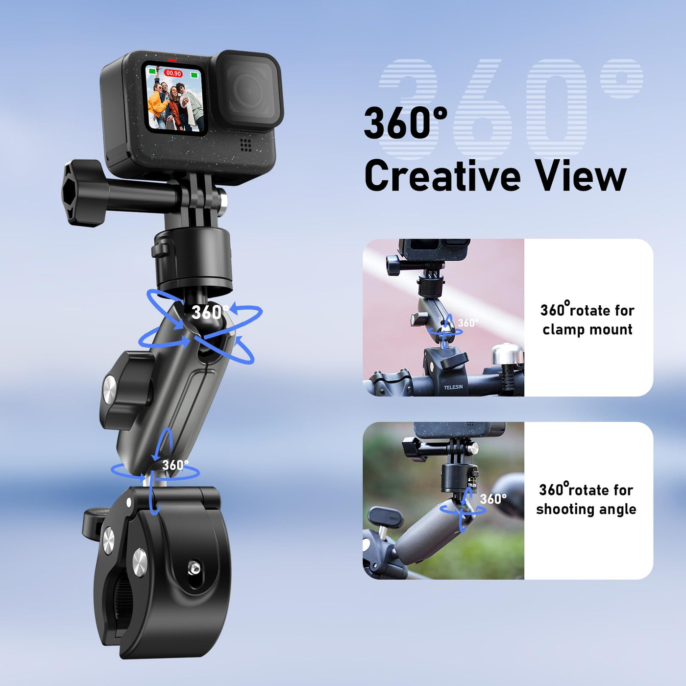 TELESIN S2 Quick Release Clamp Bike Mount Motorcycle Handlebar Holder | Roll Bar Tube Clip Mounting Accessories Compatible with GoPro Insta360 DJI Action Osmo Pocket Action Camera