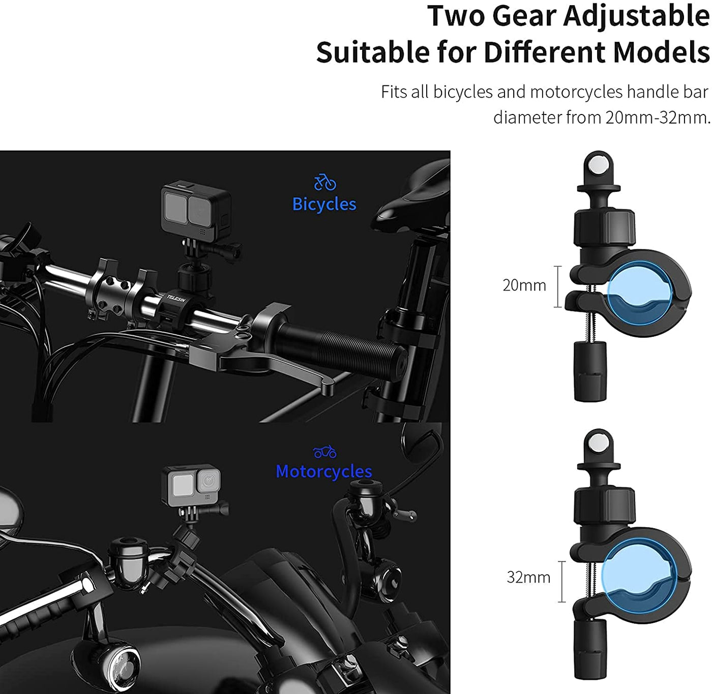 TELESIN Action Camera Bike Handlebar Mount Clip for GoPro with Adjustable Design, Motorcycle Handlebar Mount for DJI Action 2/OSMO Action/Pocket 2/Pocket/Insta360