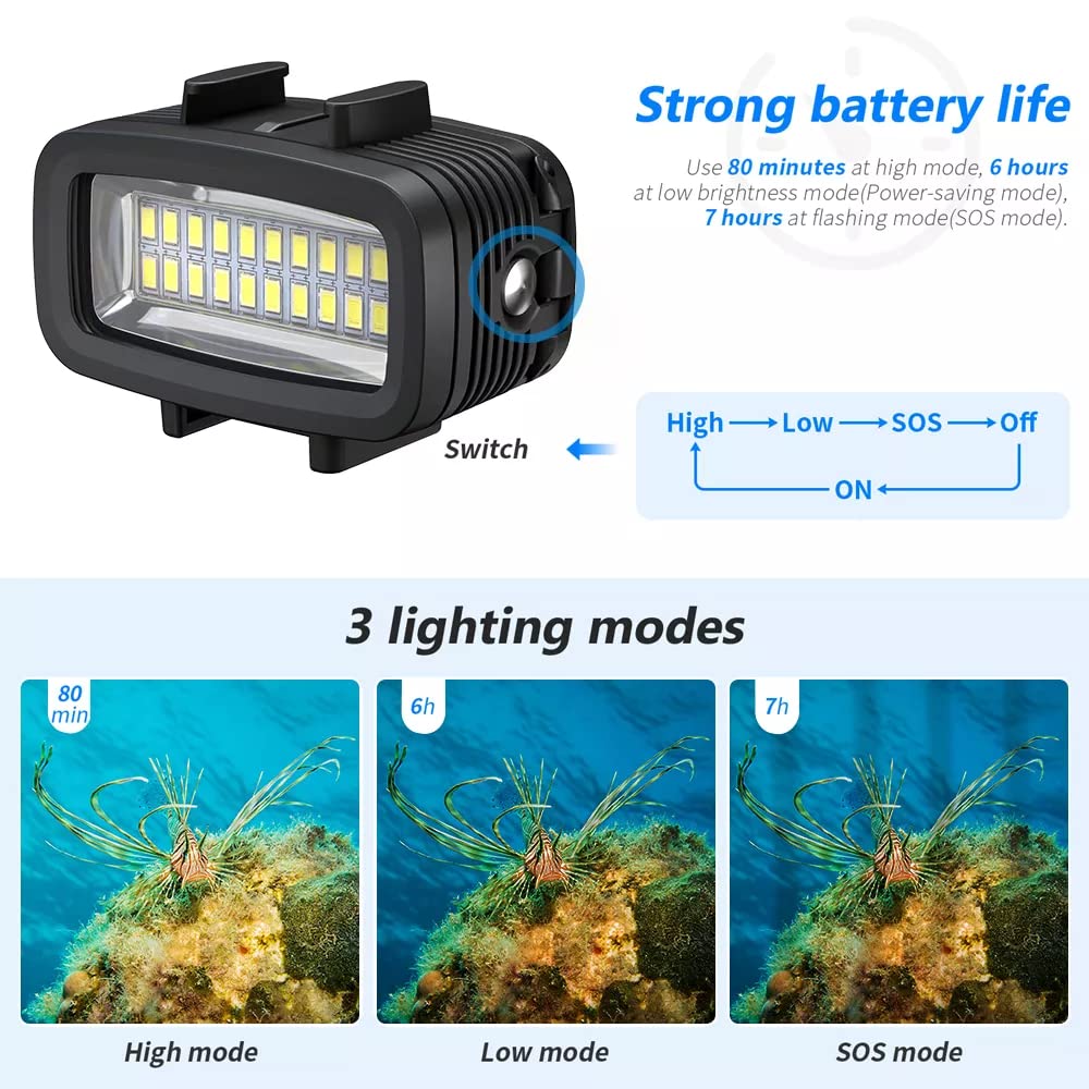 Seafrogs 40 Meters Depth Waterproof Diving Light with Cold Shoe Mount For GoPro Insta360 DJI Action Sony Canon Cameras 700 Lumen High Brightness Fill Light