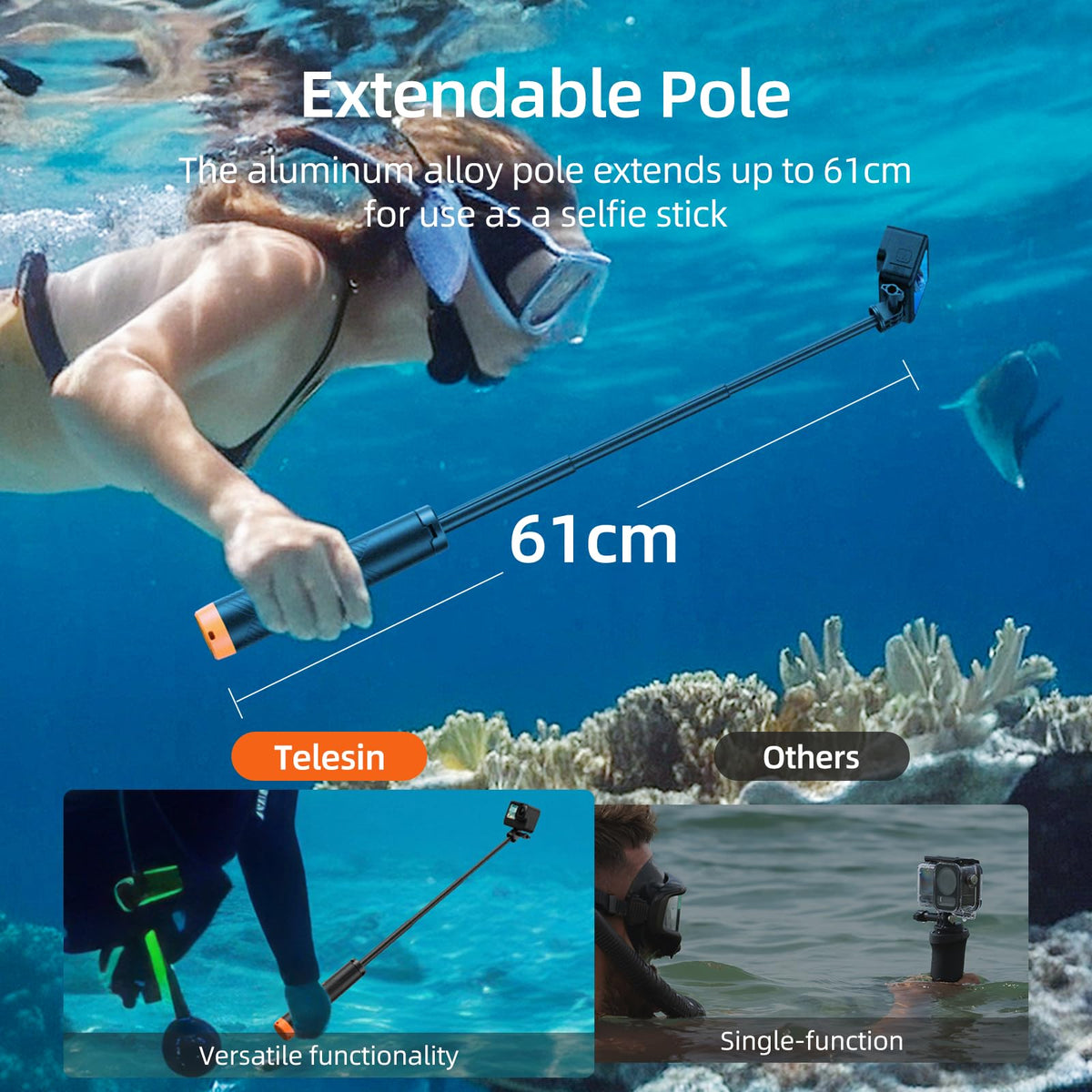 Telesin Floating Hand Grip Tripod Waterproof Extendable Selfie Stick