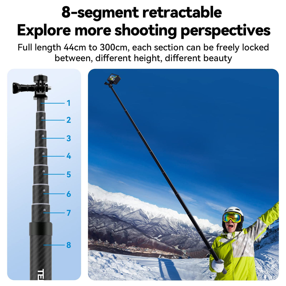 Telesin 2nd Gen 3 Meter Ultra Long Carbon Fiber Invisible Selfie Stick for Action Camera