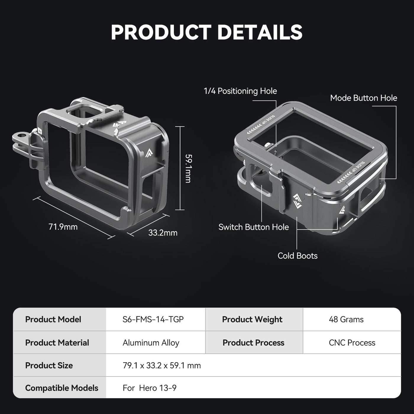 TELESIN Upgraded Aluminum Metal Cage for GoPro HERO 13/12/11/10/9 | Protective Housing Frame Case with Lens Filter Compatibility and Cold Shoe Mount